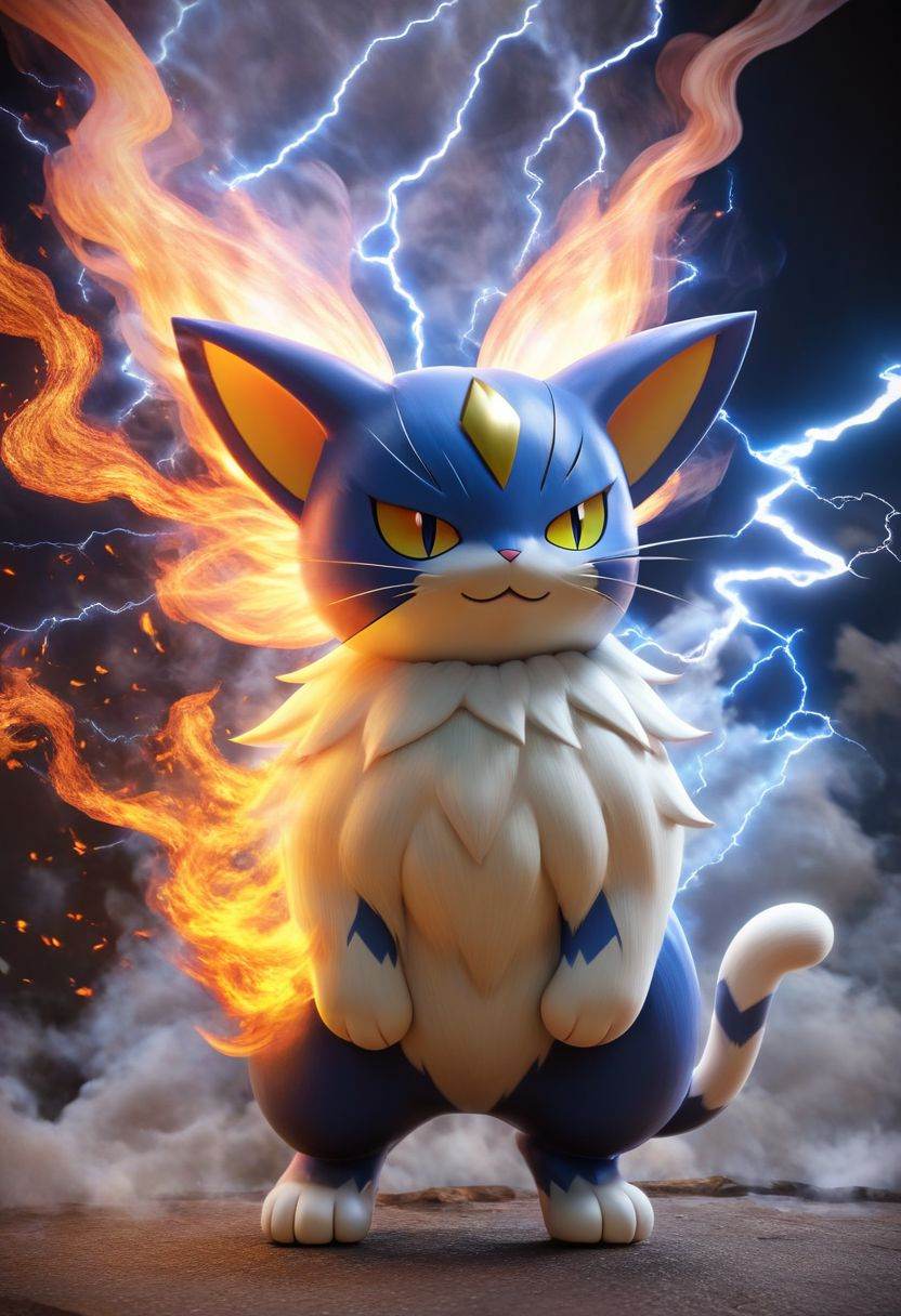 Pokemon (Cat), Standing, Fire, Full Body, Smoke, Lightning, HD, Masterpiece, best quality