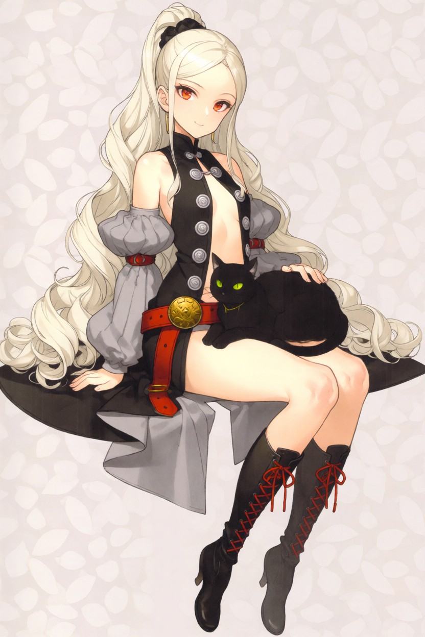 Full body anime concept art of Amoretta Virgine from GrimGrimoire. A young woman with very long,  wavy platinum blonde hai...