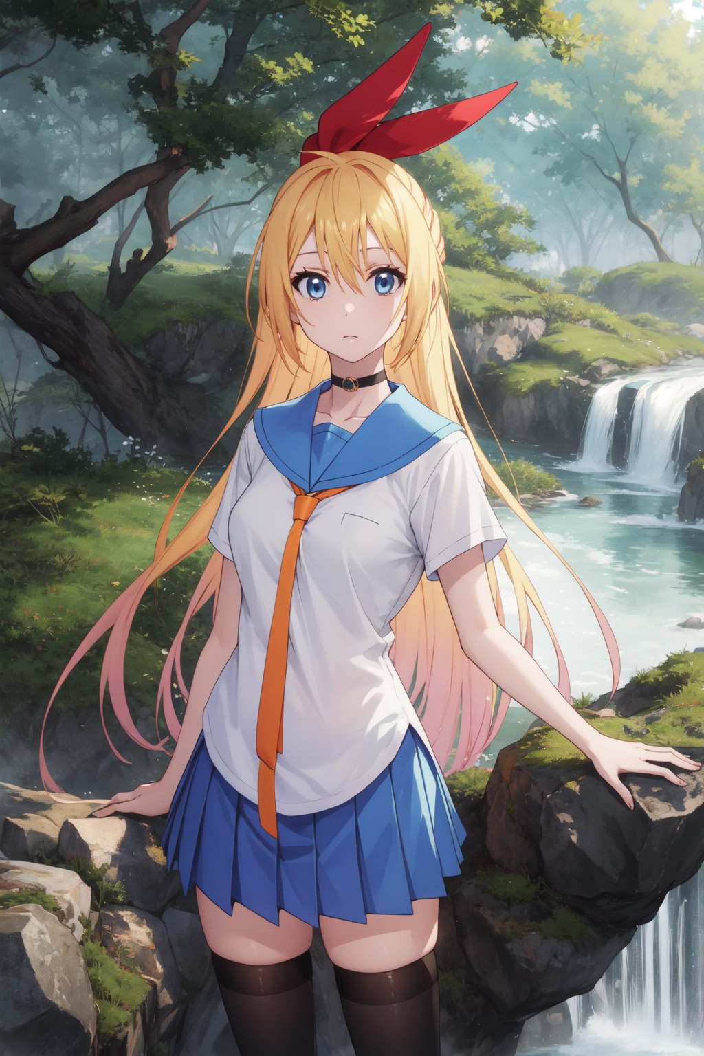 <lora:Chitoge-000008:0.8>,Chitoge CYQL,1girl,looking at viewer,solo,long hair,blonde hair,hair between eyes,ribbon,hair ribbon,red ribbon,hair bow,blue eyes,choker,school uniform,serafuku,skirt,blue skirt,zettai ryouiki,thighhighs,black thighhighs,Tsundere,full_shot,Waterfall, Jungle, Hidden, Serenity, Mist, Trees, Rocks, Discovery,(Cherry blossoms, Canal, Wooden bridges, Traditional architecture, Hanami season, Japanese tradition:0.5),beautiful detailed sky,beautiful detailed glow,posing in front of a colorful and dynamic background,masterpiece,best quality,beautiful and aesthetic,contrapposto,female focus,wallpaper,