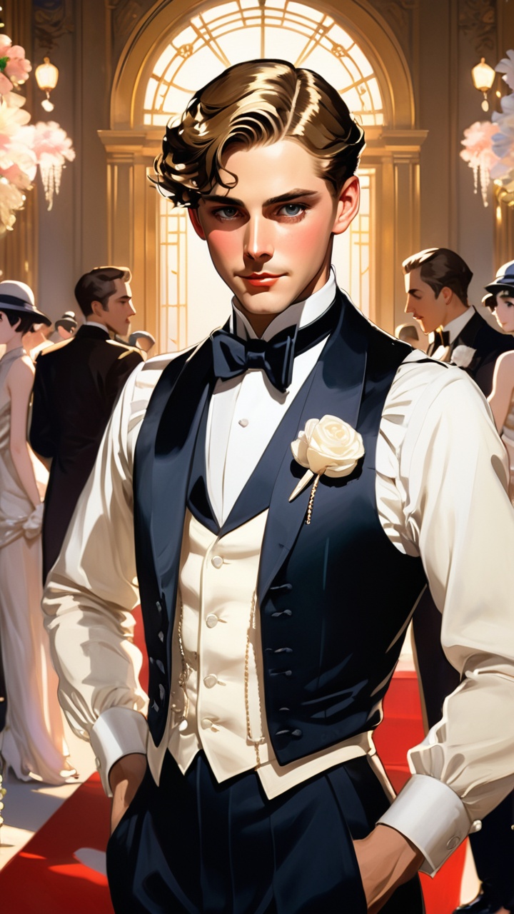 Create an 8K anime illustration,  fusing John Singer Sargent's artistry with anime style. Focus on a Gatsby-like man,  cap...