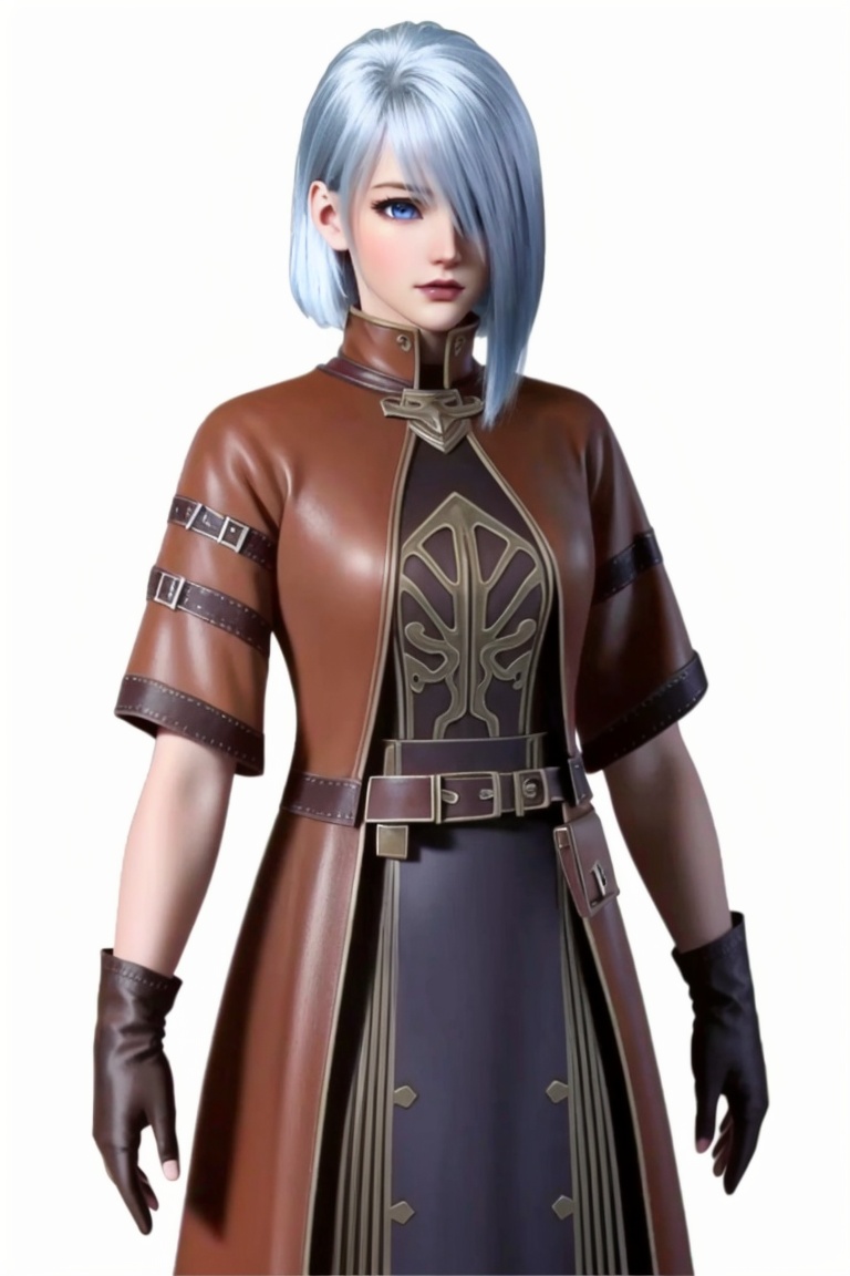 ((HRD, HUD, 8K)),((masterpiece, best quality)), highly detailed, soft light,1girl, solo, short hair, bangs, blue hair, white hair, hair over one eye, blue eyes, lips, belt, gloves, simple background, white background, cowboy shot, standing, looking at viewer,  <lora:20240425-1714007036601:0.72>