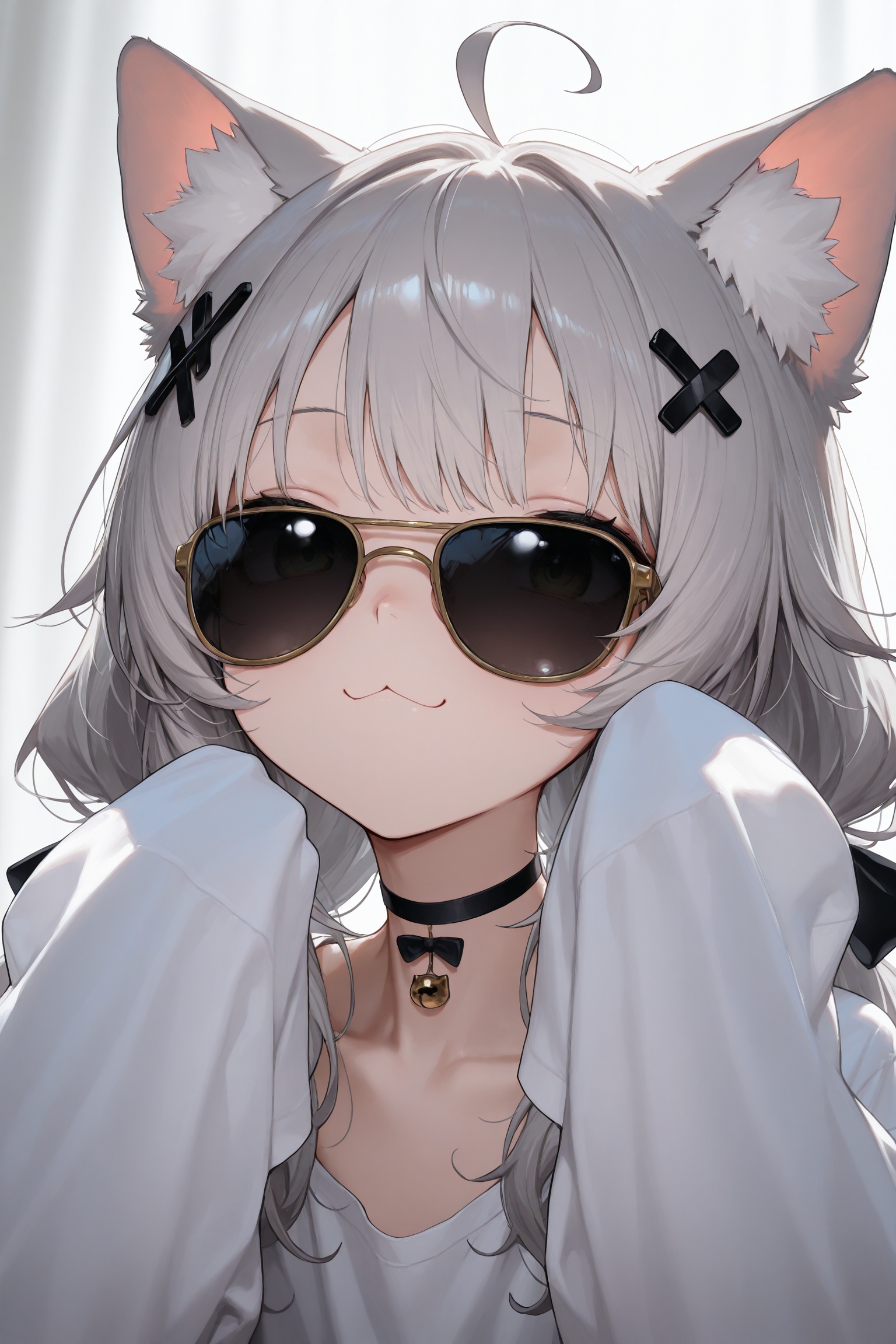 masterpiece,best quality,amazing quality,very aesthetic,absurdres,newest, 1girl, solo, long hair, bangs, shirt, hair ornament, animal ears, white shirt, ahoge, grey hair, choker, virtual youtuber, cat ears,sleeves past wrists, :3, black choker, sunglasses, cat girl, portrait, sleeves past fingers