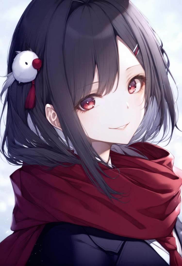 masterpiece, best quality<lora:sd_xl_dpo_lora_v1-128dim:1>,1girl, solo, red scarf, scarf, hair ornament, red eyes, tateyama ayano, smile, looking at viewer, hairclip, portrait, enpera, long hair, bangs, swept bangs, black hair, parted lips, straight-on  , <lora:hitoimimXLlokr4f-000053:1>