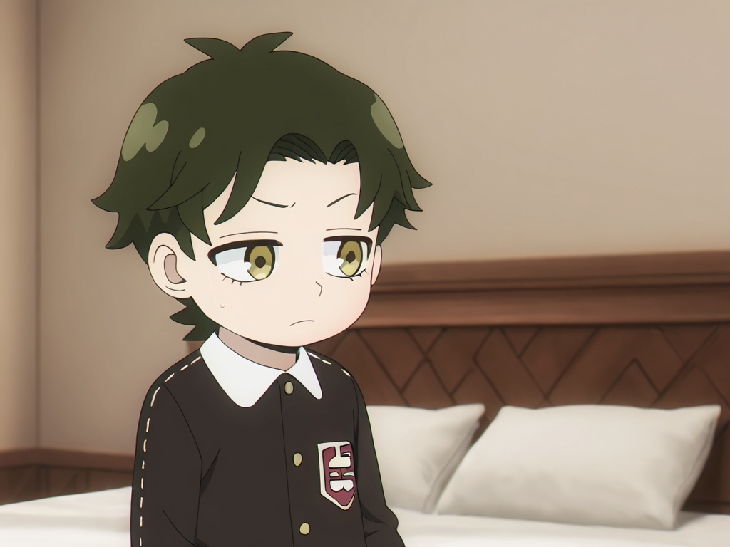 <lora:Damian_Desmond_XL:1>,explicit,Damian Desmond,(best quality:1),(best detail:1),(masterpiece:1),deluxe bedroom,luxury bed,male focus,1boy,solo,(toddler:1.3),(petite:1.3),dark green hair,short hair,yellow eyes,perfect eyes,(5fingers:1.1),perfect hands,black school uniform with phnom penh,black school uniform shorts,lonely,relaxing,sitting_on_bed,correct anatomy,available light,animation style,front view,upper_body,(incredibly absurdres:2),