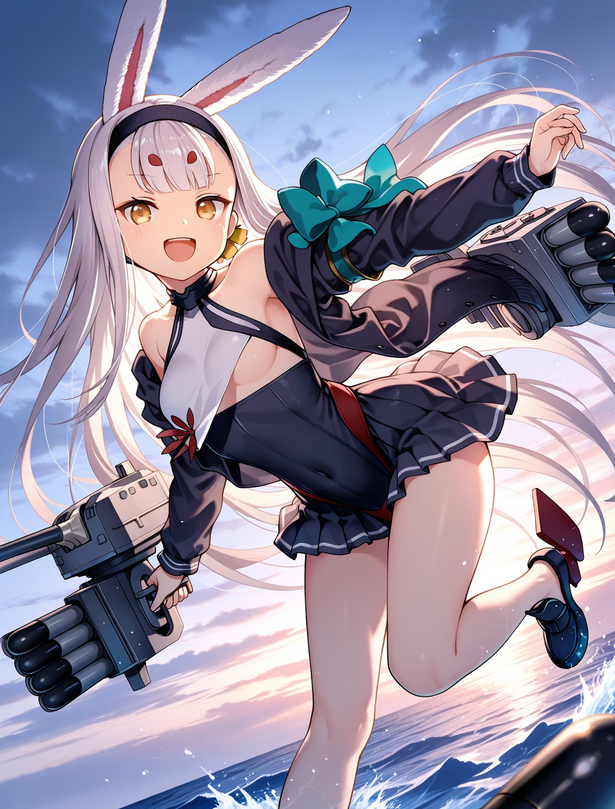 <lora:shimakaze_IL_v1.0:1>,shimakaze \(azur lane\),jacket,:d,dynamic pose,ocean,torpedo launcher,solo,looking at viewer,dutch angle,cloudy sky,out of frame,leaning forward,, masterpiece,best quality,