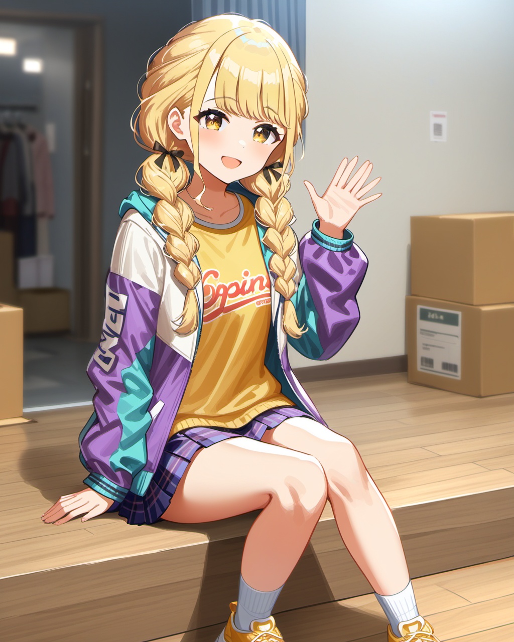 (impasto),best quality,masterpiece,highres,<lora:gakuenidolmaster1-A3:0.5>,kotone fujita,gakuenidolmaster,kotone one,1girl,solo,braid,twin braids,blonde hair,skirt,jacket,long hair,plaid skirt,full body,socks,shoes,indoors,shirt,standing,yellow footwear,smile,sneakers,curtains,white socks,wooden floor,cardboard box,open jacket,open clothes,box,brown eyes,clothes writing,looking at viewer,yellow shirt,low twintails,blush,closed mouth,purple skirt,long sleeves,outdoor,city,rainning,waving,:d,upper body,looking at viewer,((blurry foreground,flowers,blue sleeves)),Cinematic Lighting,moody lighting,Volumetric Lighting,cinematic_angle,dynamic_angle,((sitting)),