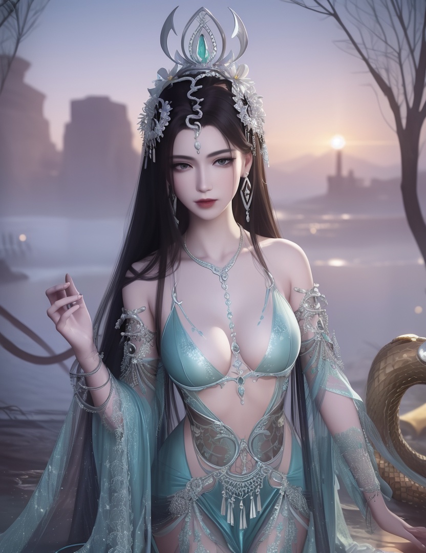 ultra realistic 8k cg, picture-perfect face, flawless, clean, masterpiece, professional artwork, famous artwork, cinematic lighting, cinematic bloom, perfect face, beautiful face, fantasy, dreamlike, unreal, science fiction , beautiful clothes, lace, lace trim, lace-trimmed legwear,  (rich:1.4), prestige, luxury, jewelry, diamond, gold, pearl, gem, sapphire, ruby, emerald, intricate detail, delicate pattern, charming, alluring, seductive, erotic, enchanting, hair ornament, necklace, earrings, bracelet, armlet,halo((,1girl, pov,))  (((1girl, solo,,, large breasts,  looking_at_viewer , wilted flower, ,  1girl, lamia,snake hair,  , solo, , body horror, )))    <lora:DA_NSH_XLZH:0.6>