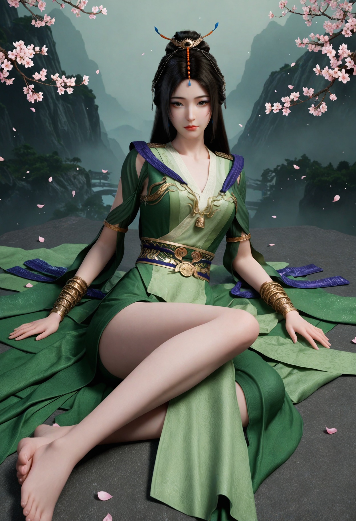 (looking at viewer:1.1),(moody lighting:1.1),peach blossom,falling petals,(large breasts:0.8),liuyu,1girl,solo,black hair,hair ornament,long hair,green dress,realistic,dress,chinese clothes,closed mouth,jewelry,bracelet,sash,hair bun,brown eyes,clothing cutout,barefoot BREAK masterpiece,(best quality),(intricate details:0.9),(realistic skin:1.2),<lora:QQSillliuyuV1:0.8>,