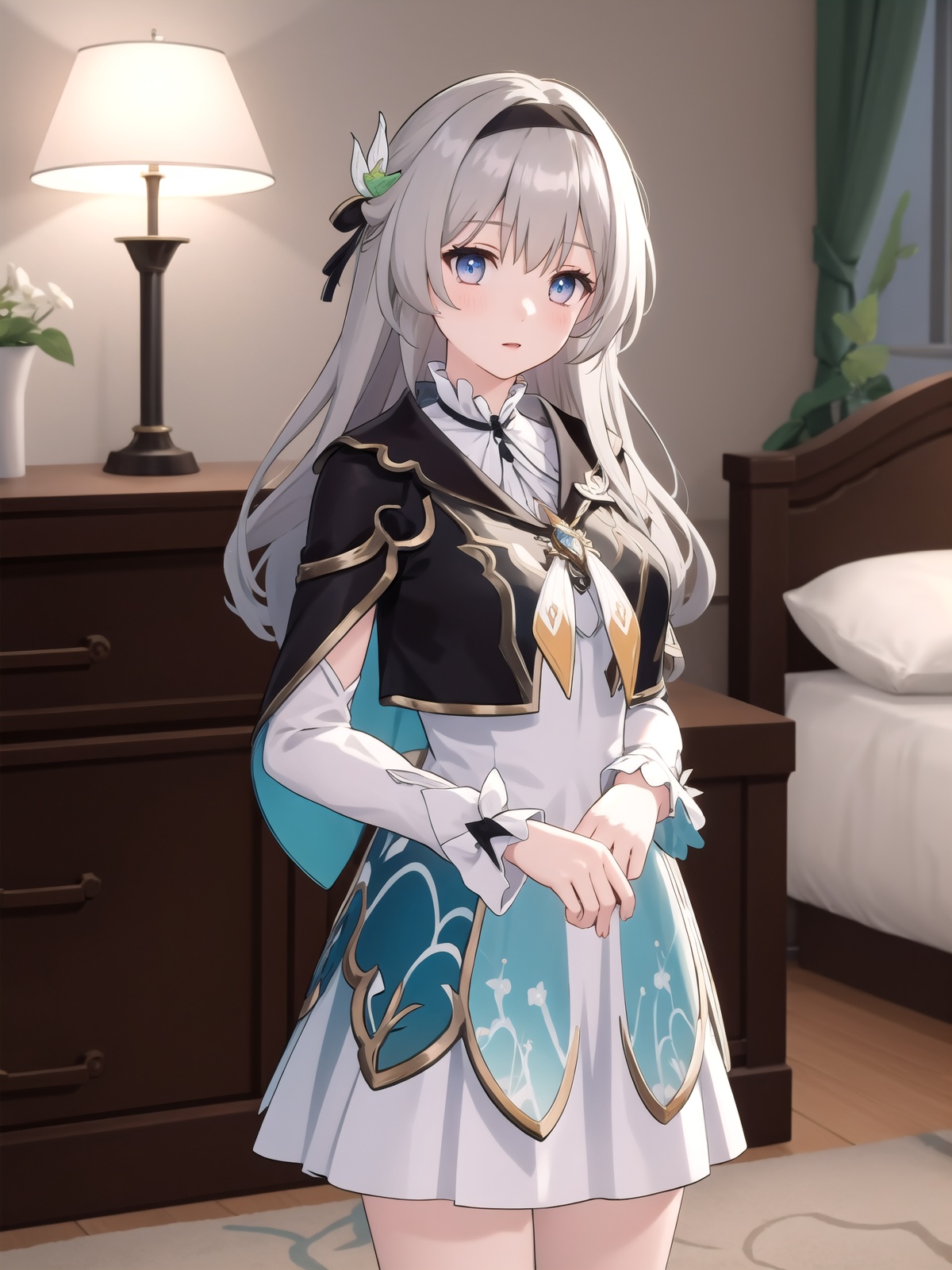 (best quality),((masterpiece)),<lora:[角色]-[流萤-星穹铁道]流萤10:0.65>,liuying,bangs,long sleeves,hair ornament,black capelet,high quality,green dress,bare legs,indoors,bedroom,indoors,detailed face,1girl,