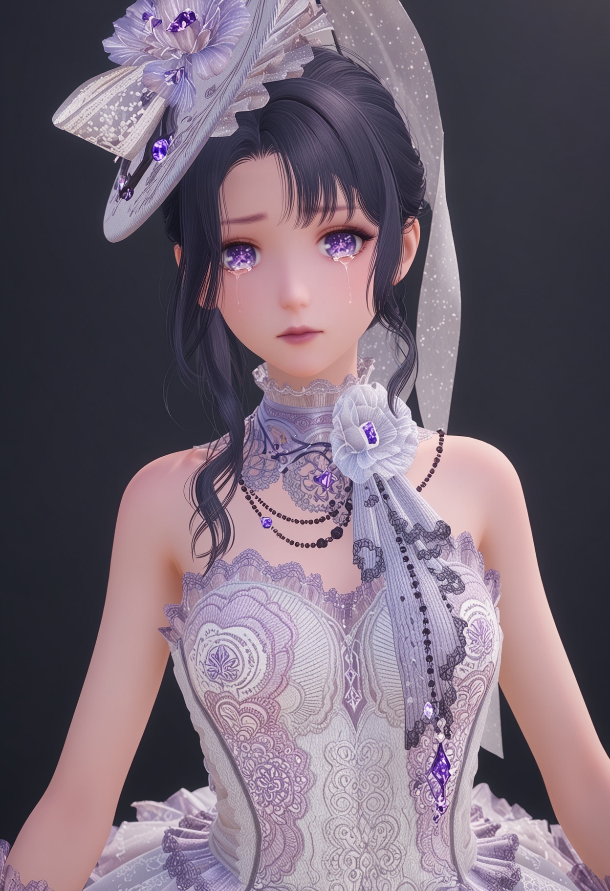 (upper_body:1.2),(looking_at_viewer:1.2),(gigantic breasts:0.6),(slender:1.2),facing viewer,<lora:YQ_pony_nuannuan16_V4:0.8>,q1528437228,1girl,solo,black hair,dress,jewelry,hat,necklace,purple eyes,lace gloves,high heels,pantyhose,white headwear,ribbon,long hair,hair bun,sidelocks,single hair bun,hair ornament,feet,braid,crying,tears,(simple background,pure black background,black background:1.1),perfect_anatomy,