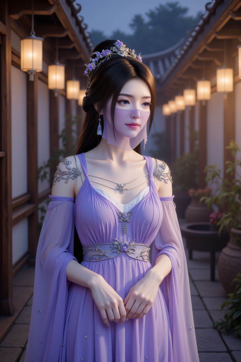 A light purple veil covers her face, The main subject of the image is a woman in classical, flowing attire—her long black hair styled into an elaborate high bun, adorned with purple silk flowers, blue leaves, and small white blossoms, with slightly curled ends falling over her shoulders. Her face has exquisite makeup: purple pupils, long lashes, light pink lips, and fair, radiant skin. She wears a light purple off-shoulder long dress, the top part made of transparent tulle with silver floral embroidery on the shoulders and cuffs, the skirt composed of multiple layers of lightweight purple tulle scattered with tiny sequins—when she moves, the skirt flutters in the wind, creating a lively, dynamic effect. The woman stands sideways, right hand gently touching her shoulder, left hand naturally extending to lift the skirt, exuding an elegant posture. The background is a nighttime Chinese scene: blurred wooden structures and hanging warm yellow lanterns create a soft halo, light shining from the side gilds her hair and skirt with a golden edge. The overall atmosphere is dreamy and warm, blending classical charm with romantic aura. <lora:20251024_TinFlux1ZiLingLora8:1>