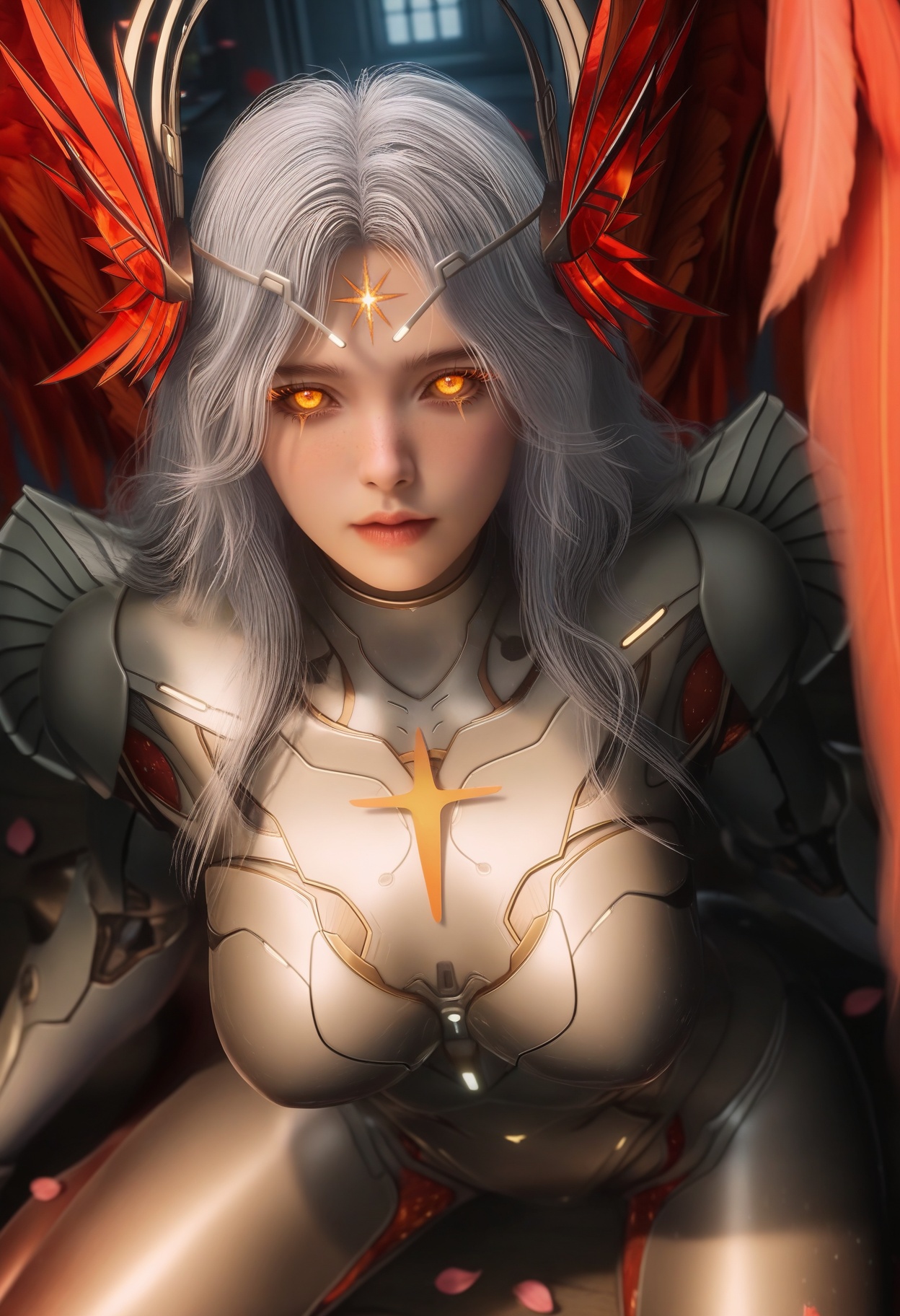 masterpiece,best quality,amazing quality,very aesthetic,high resolution,ultra-detailed,absurdres,scenery,photorealistic,(looking at viewer:1.1),(Dark room:1.3),(moody lighting:1.1),peach blossom,falling petals,(large breasts:0.8),xinghuanwang,1girl,solo,long hair,lips,grey hair,yellow eyes,armor,hair ornament,forehead mark,bodysuit,glowing eyes,shoulder armor,circlet,freckles,headgear,orange eyes,head wings,horns,breastplate,pauldrons,colored sclera,wings,red wings,feathered wings,feet BREAK photorealistic details,<lora:QQSillxinghuanwangV1:0.8>,