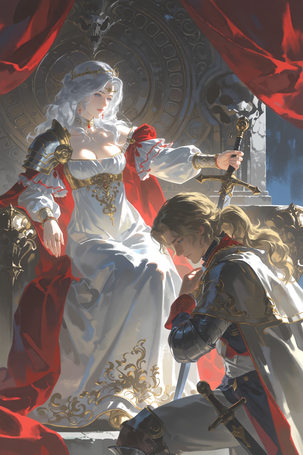A woman with long,  wavy white hair sits in a relaxed pose on a throne,  extending a sword downward to rest its blade on t...