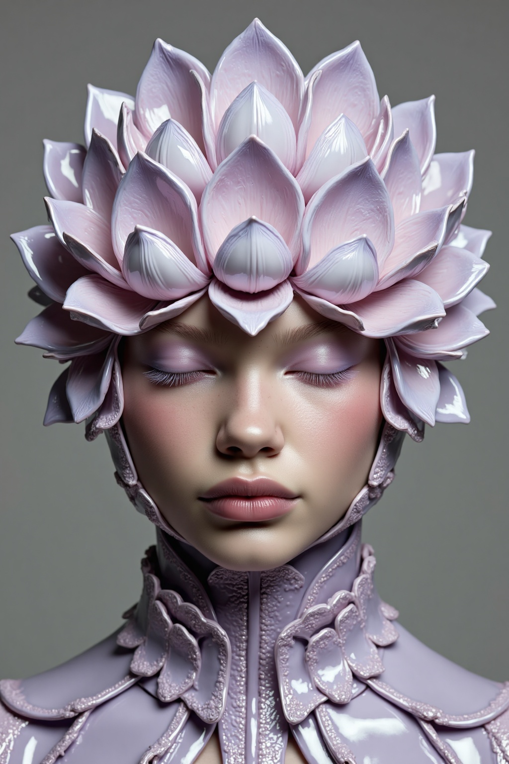 beijihui,a close-up shot of a woman's face, adorned with a pink and purple flower headdress. The woman's headdress is adorned with multiple petals, each with a unique design, adding a touch of depth to the scene. The background is a muted gray, allowing the woman to stand out from the rest of the frame. Her eyes are closed, her lips are pursed in a soft pink hue. She is wearing a necklace around her neck, adding depth to her composition.