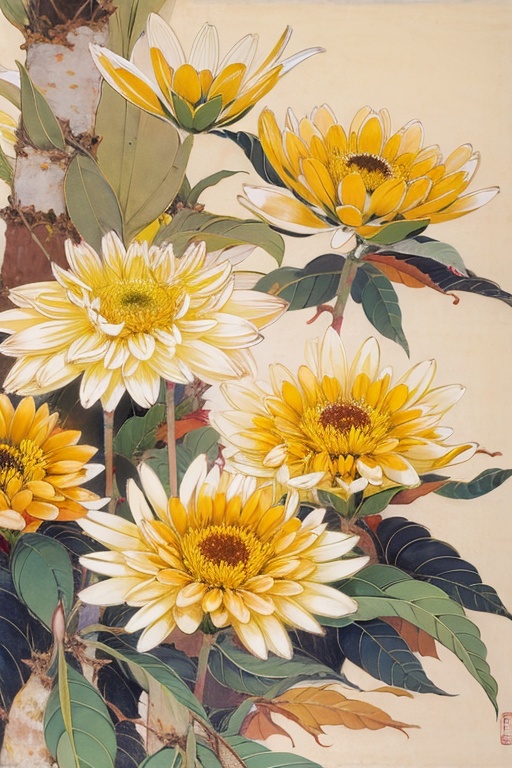 gongbihua, masterpiece,  a painting,  bee, yellow chrysanthemum,  green leafs <lora:gongbi:1>, 