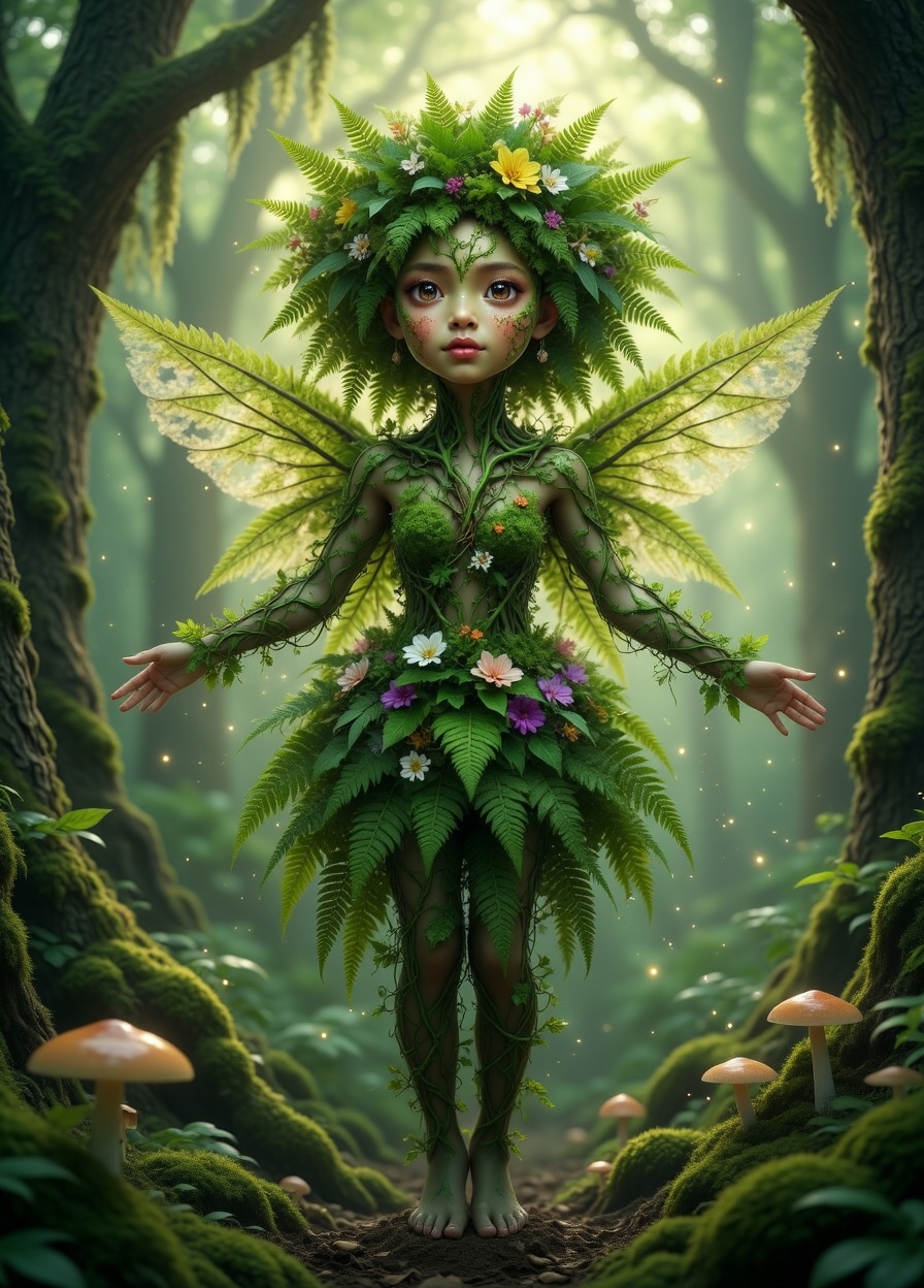 Full body wide cinematic view of a vibrant green-skinned forest fairy with delicate East Asian features,  large expressive...