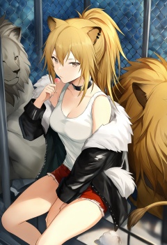 best quality, masterpiece,1girl, siege (arknights), lion ears, animal ears, breasts, red shorts, shorts, lion, candy, long hair, sitting, lollipop, jacket, looking at viewer, food, black jacket , fur trim, choker, solo, short shorts, off shoulder, fur-trimmed jacket, large breasts, tank top , bare shoulders, bangs, brown eyes, blonde hair, chain-link fence, thighs, open jacket, black choker, white tank top, brown hair, long sleeves, ponytail, shirt, open clothes, feet out of frame, white shirt, hair between eyes, fence, lion tail, cleavage, parted lips ,_背景 <lora:lpmyaXLlokr4f-000143:1>