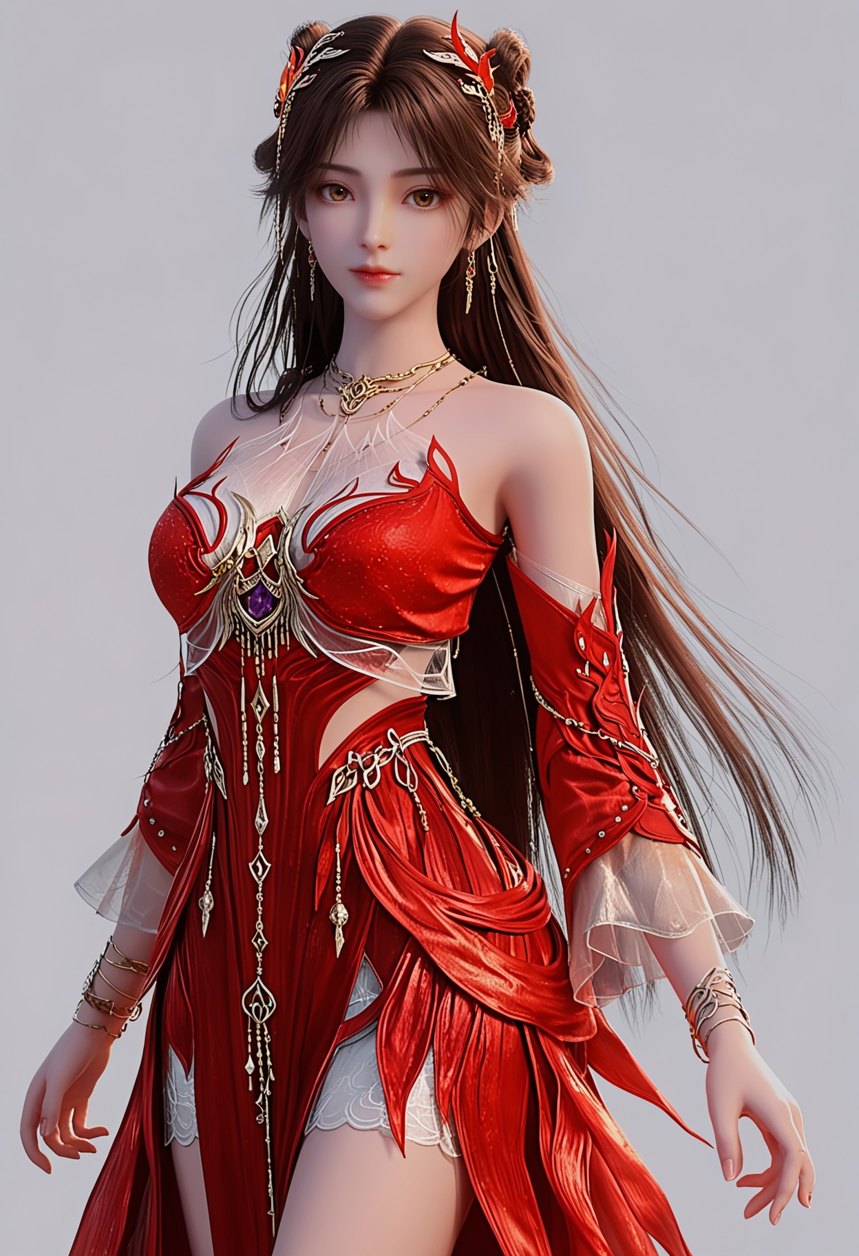 score_9,high detail,best quality,cinematic lighting,volumetric lighting,shiny skin,shiny,1girl,solo,brown_eyes,jewelry,red dress,dress,brown hair,long hair,necklace,white background,hair ornament,earrings,bare shoulders,detached sleeves,bracelet,closed mouth,looking at viewer,simple background,thighs,<lora:QQSponyhuolingertsV1:0.8>,<lora:Pony_DetailV2.0:0.8>,<lora:皮肤凹痕:0.1>,
