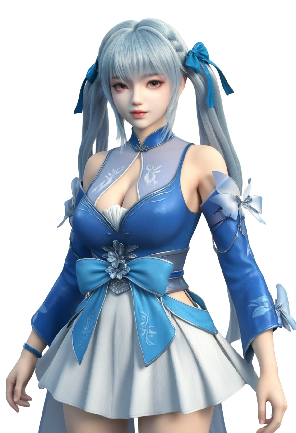 score_9,<lora:SF_LinQingTan_Pony_Realism2.3:0.7>,1girl,solo,clothes,detached sleeves,bangs,blue hair,large breasts,twintails,standing,long hair,skirt,fair_skin,white_skin,Ivory_skin,hair bow,hair ribbon,looking at viewer,white background,