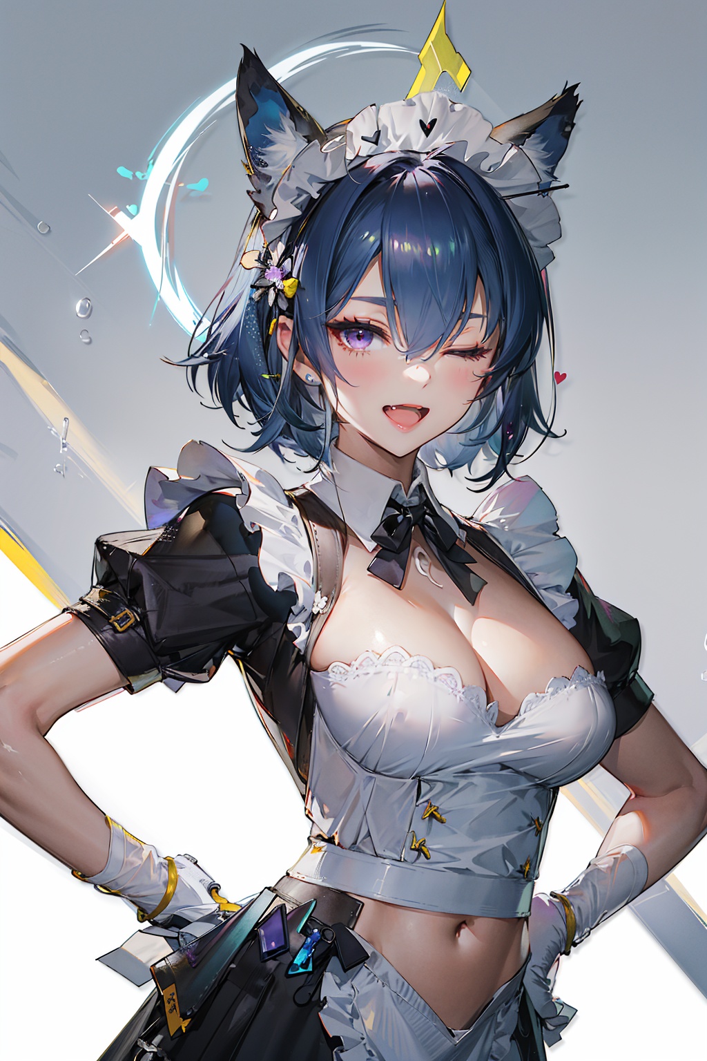 masterpiece,best quality,ultra-detailed.extremely delicate and beautiful,hard light,embrandt style expression of light and shadow,depth of field,dynamic angle,1girl,solo,looking at viewer,:d,fang,halo,fox ears,large breasts,cleavage,blue hair,purple eyes,one eye closed,hair between eyes,maid,maid headdress,navel,maid apron,one hand on hip,one hand on head,heart,white background,skin oil,<lora:endfield-000004:0.7>,