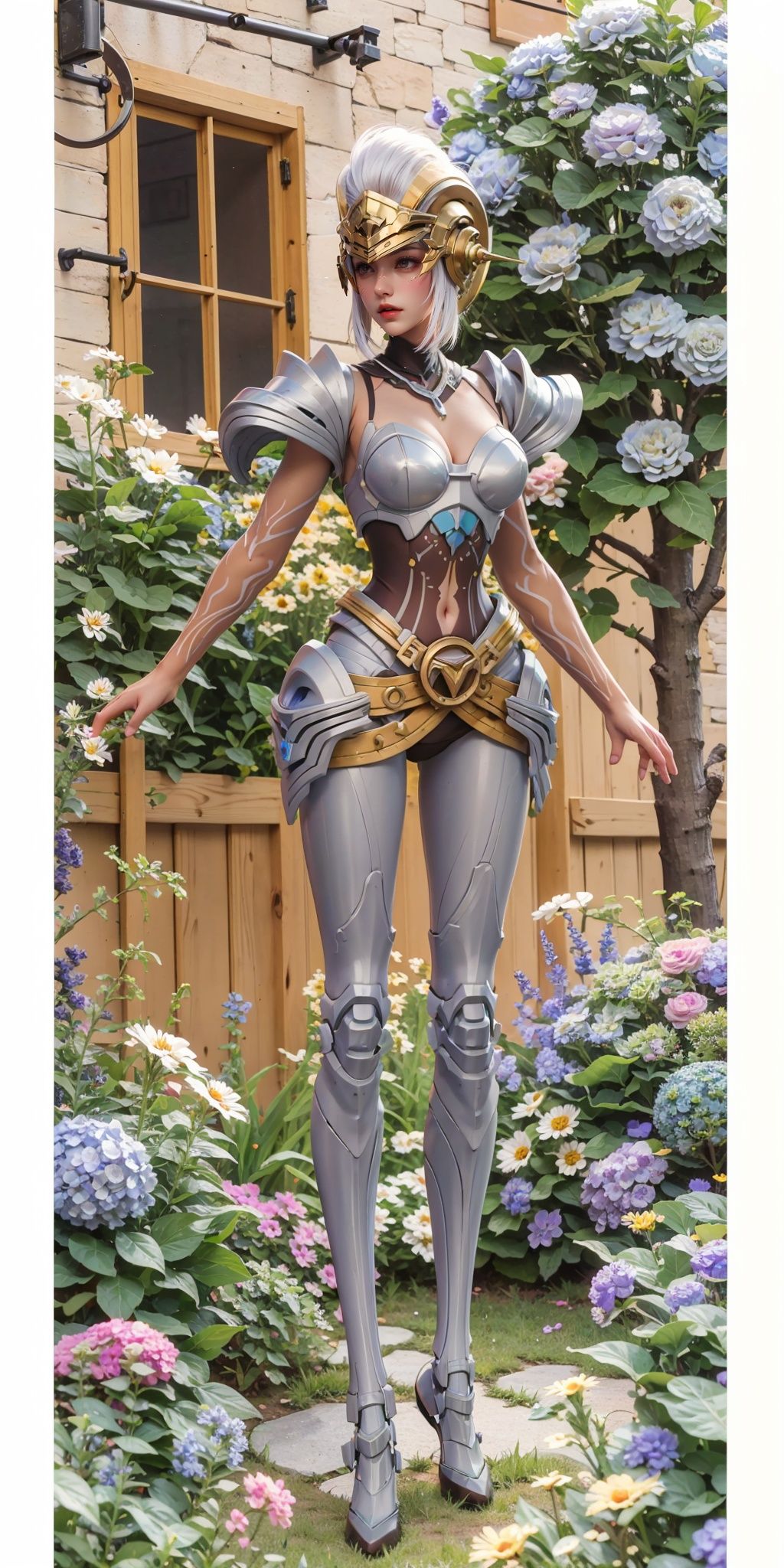 <lora:NW_20231230142436:0.75>,NW,1girl,solo,armor,helmet,white hair,flower,house,scenery,outdoors,plant,window,purple flower,building,door,hydrangea,, (raw photo:1.2),((photorealistic:1.4))best quality,masterpiece,illustration,an extremely delicate and beautiful,extremely detailed,CG,unity,8k wallpaper,Amazing,finely detail,masterpiece,best quality,official art,extremely detailed CG unity 8k wallpaper,absurdres,incredibly absurdres,huge filesize,ultra-detailed,highres,extremely detailed,beautiful detailed girl,cinematic lighting,1girl,pale skin,tall female,(perfect body shape),skinny body,Slender legs,