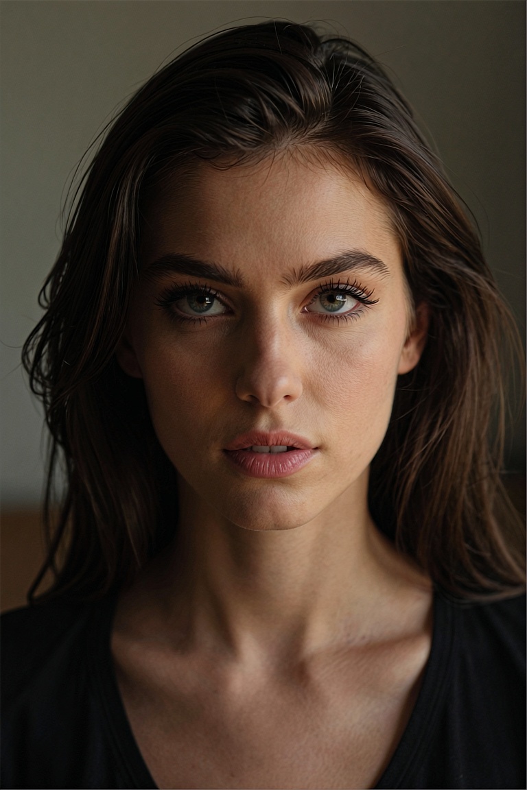 Studio portrait in cinematic realism,  soft focus shallow depth of field,  naturalistic skin texture rendered with fine de...