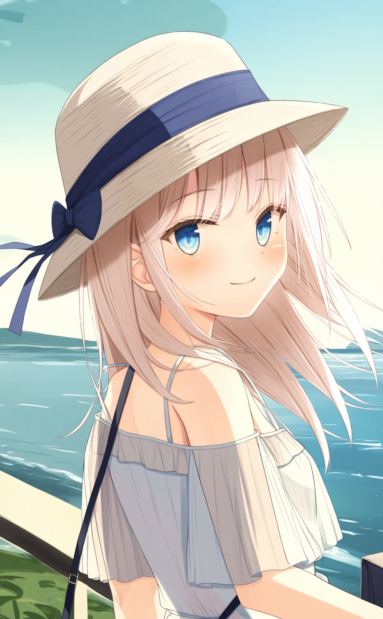 masterpiece,absurdres,best quality,loli,petite,high quality,//,1girl,hat,solo,looking_at_viewer,blue_eyes,smile,outdoors,bag,dress,closed_mouth,ocean,white_dress,blue_bow,upper_body,long_hair,bare_shoulders,blush,shoulder_bag,bow,hat_ribbon,blue_ribbon,looking_back,looking_to_the_side,hat_bow,ribbon,off_shoulder,from_side,sun_hat,see-through,breasts,medium_hair,brown_headwear,handbag,off-shoulder_dress,spaghetti_strap,white_hair,water,day,//,<lora:千道センリ2——【noob】hans:1>,