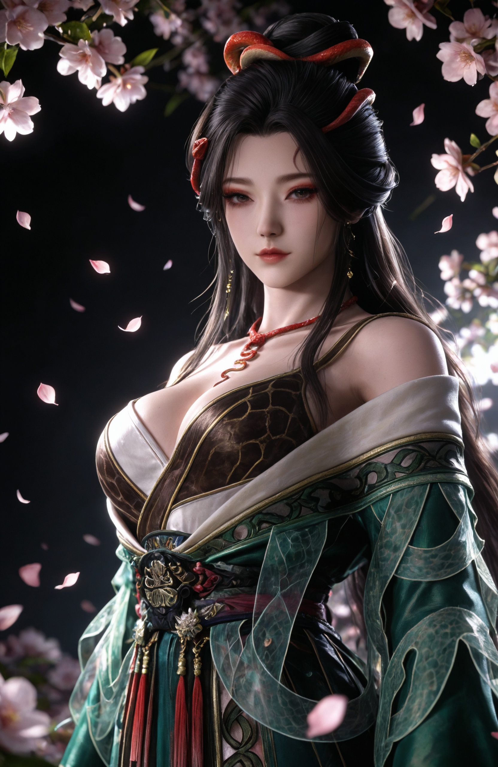 <lora:牧神记-龙娇男IL:0.7> 1girl, long hair, black hair, hair ornament, hair bun,necklace, bare shoulders, chinese clothes, breasts, green dress, off shoulder, sash,, masterpiece,best quality,amazing quality,very aesthetic,high resolution,ultra-detailed,absurdres,scenery,photorealistic,(looking at viewer:1.1),(Dark room:1.3),(moody lighting:1.1),peach blossom,falling petals,(large breasts:0.8),realistic,photorealistic details,, realistic style,white background,upper body,looking at viewer,dynamic posture,