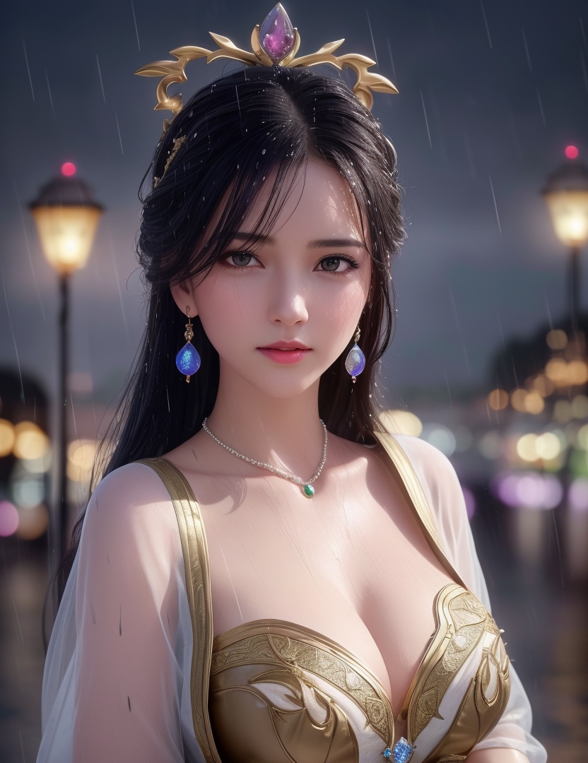 <lora:528-DA-万古狂帝-林柔:0.8>(,1girl, ,best quality, ),looking at viewer, ,ultra detailed 8k cg, ultra detailed background,  ultra realistic 8k cg,          cinematic lighting, cinematic bloom, (( , )),,  , unreal, science fiction,  luxury, jewelry, diamond, pearl, gem, sapphire, ruby, emerald, intricate detail, delicate pattern, charming, alluring, seductive, erotic, enchanting, hair ornament, necklace, earrings, bracelet, armlet,halo,masterpiece, (( , )),,  ,cherry blossoms,(((, night,night sky,lamppost,  ultra high res, (photorealistic:1.4), raw photo, 1girl, , rain, sweat, ,wet, )))(( , ))   (cleavage), (),
