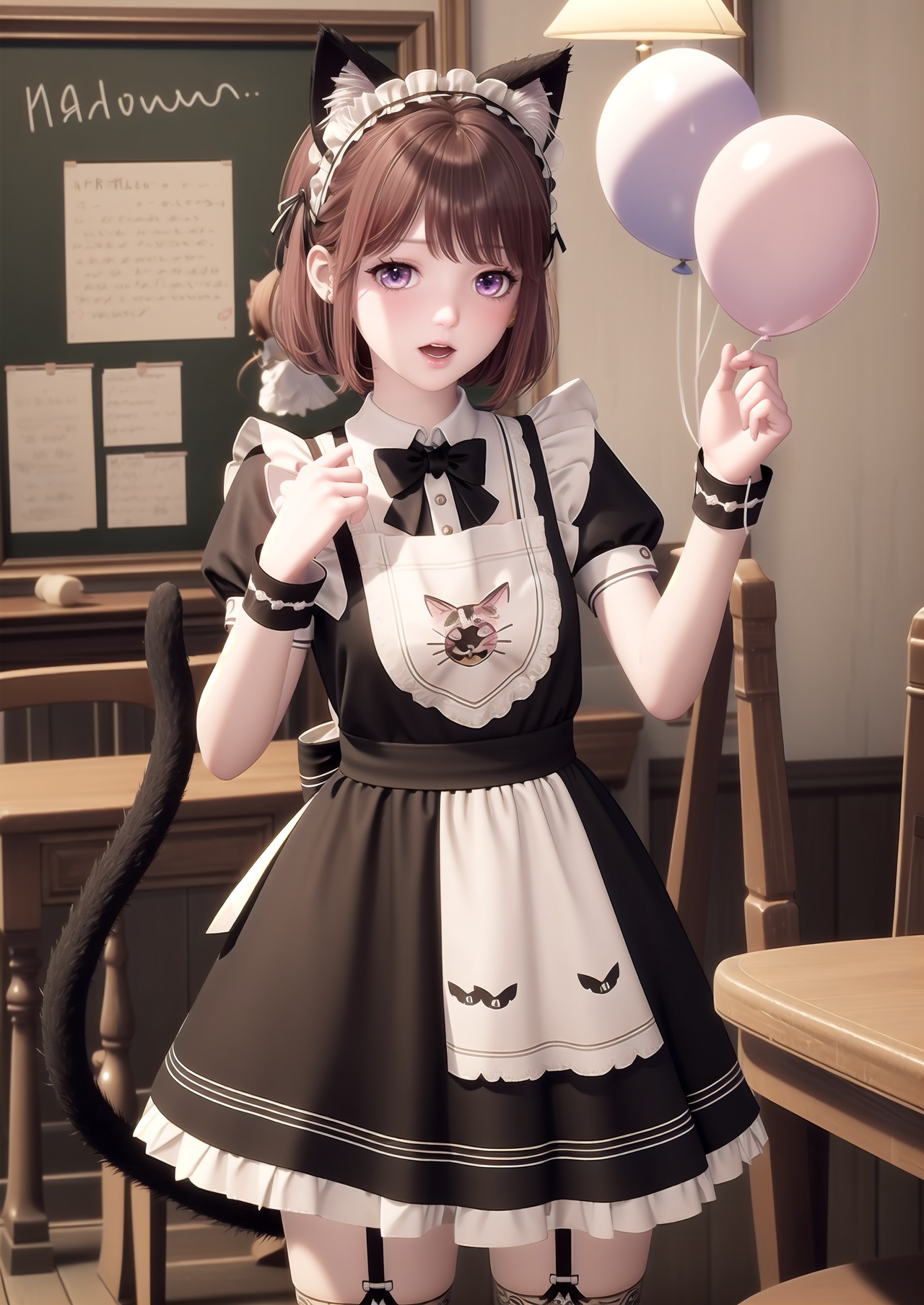 masterpiece,best quality,animal ears,tail,thighhighs,maid,cat ears,maid headdress,cat tail,solo,black hair,purple eyes,white thighhighs,short hair,apron,garter straps,1girl,open mouth,bow,short sleeves,detached collar,wrist cuffs,balloon,maid apron,looking at viewer,dress,blush,pink bow,frills,indoors,cat girl,puffy sleeves,bowtie,blurry,puffy short sleeves,white apron,chalkboard,blurry background,black dress,animal ear fluff,standing,embarrassed,frilled apron,pink bowtie,