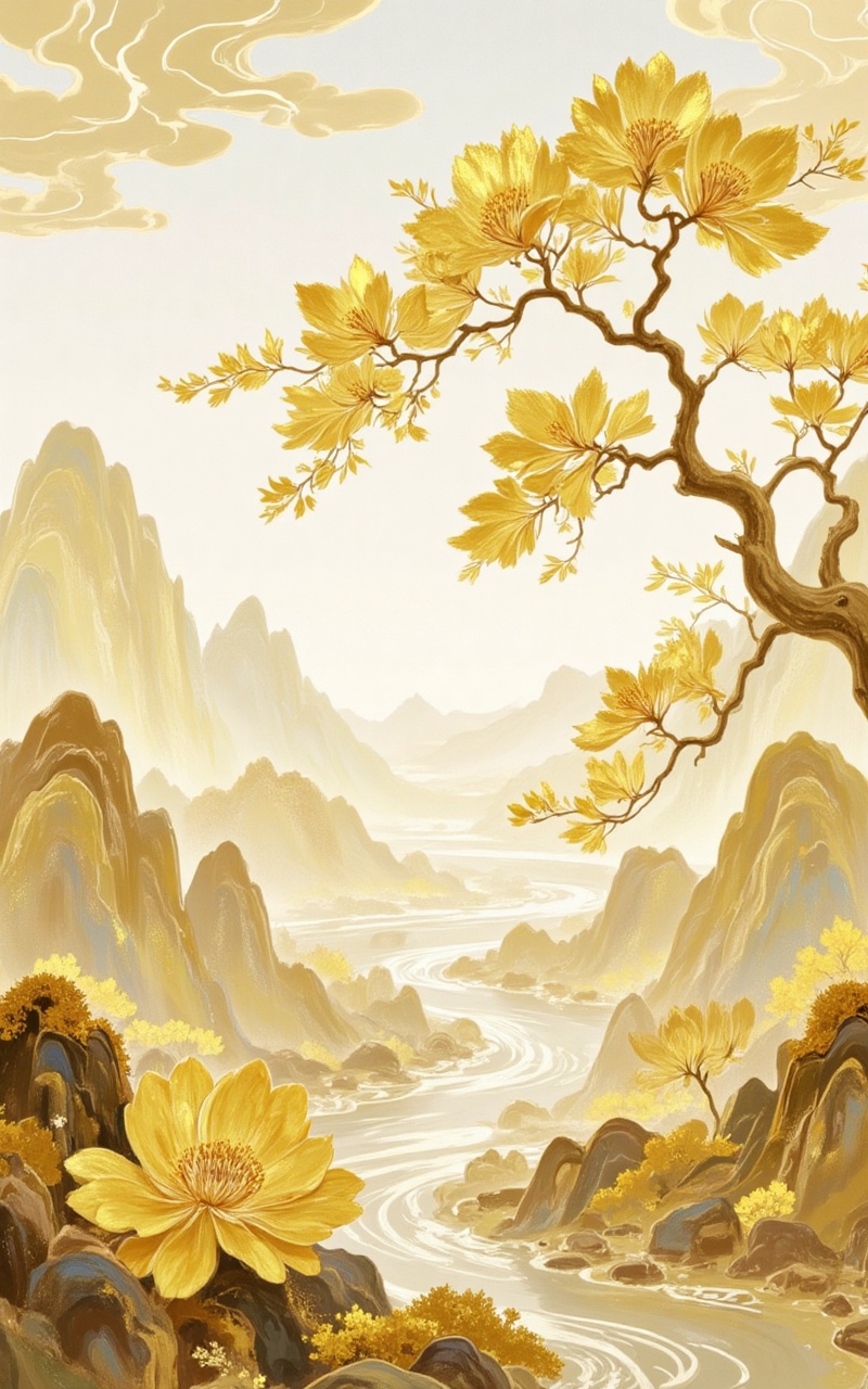 jinbo,lvjing,baoshi,no humans,leaf,flower,tree,plant,outdoors,scenery,yellow theme,sky,still life,yellow flower,25,