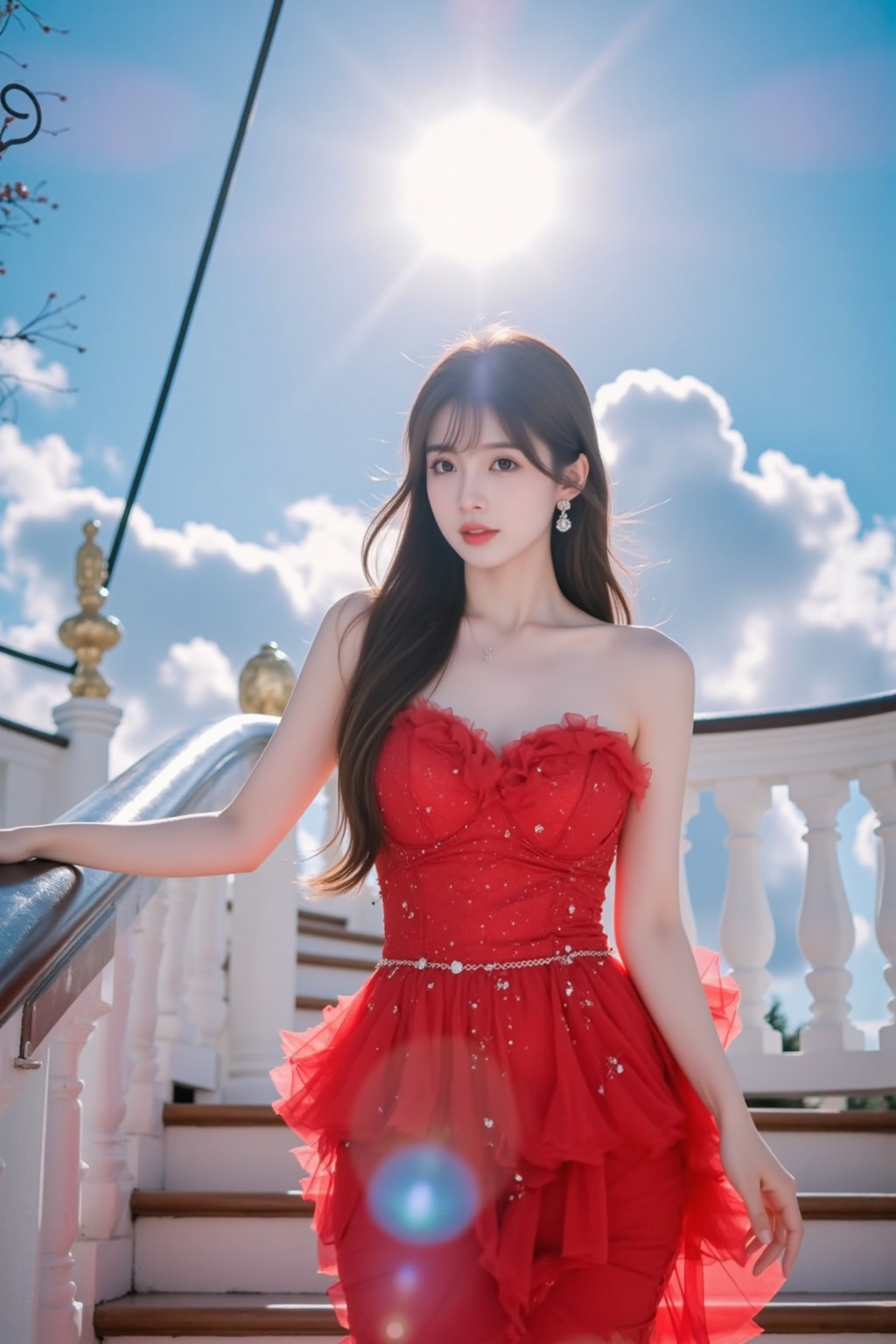TYZ,1girl,solo,long hair,breasts,looking at viewer,brown hair hair,dress,bare shoulders,medium breasts,full body,earrings,indoors,high heels,lips,makeup,red dress,sunlight,lipstick,strapless dress,stairs,(((There are Suspended staircase above the sky))),(((Heaven, beautiful detailed sky))),beautiful detailed cumulonimbus,(((extremely detailed CG unity 8k wallpaper, masterpiece, best quality, ultra-detailed))),(best illumination, best shadow, an extremely delicate and beautiful),dynamic angle,floating,finely detail,(bloom),(shine),glinting stars,feather,nature,(sunlight),fairyland,extremely delicate and beautiful girls,full body,xuer Haute couture dress,(very aesthetic, best quality,ultra detailed),intricate details,dark theme,soothing tones,high contrast,natural skin texture,soft light,sharp,masterpiece,best quality,(ray tracing),sunlight,(scenic view:1.1),