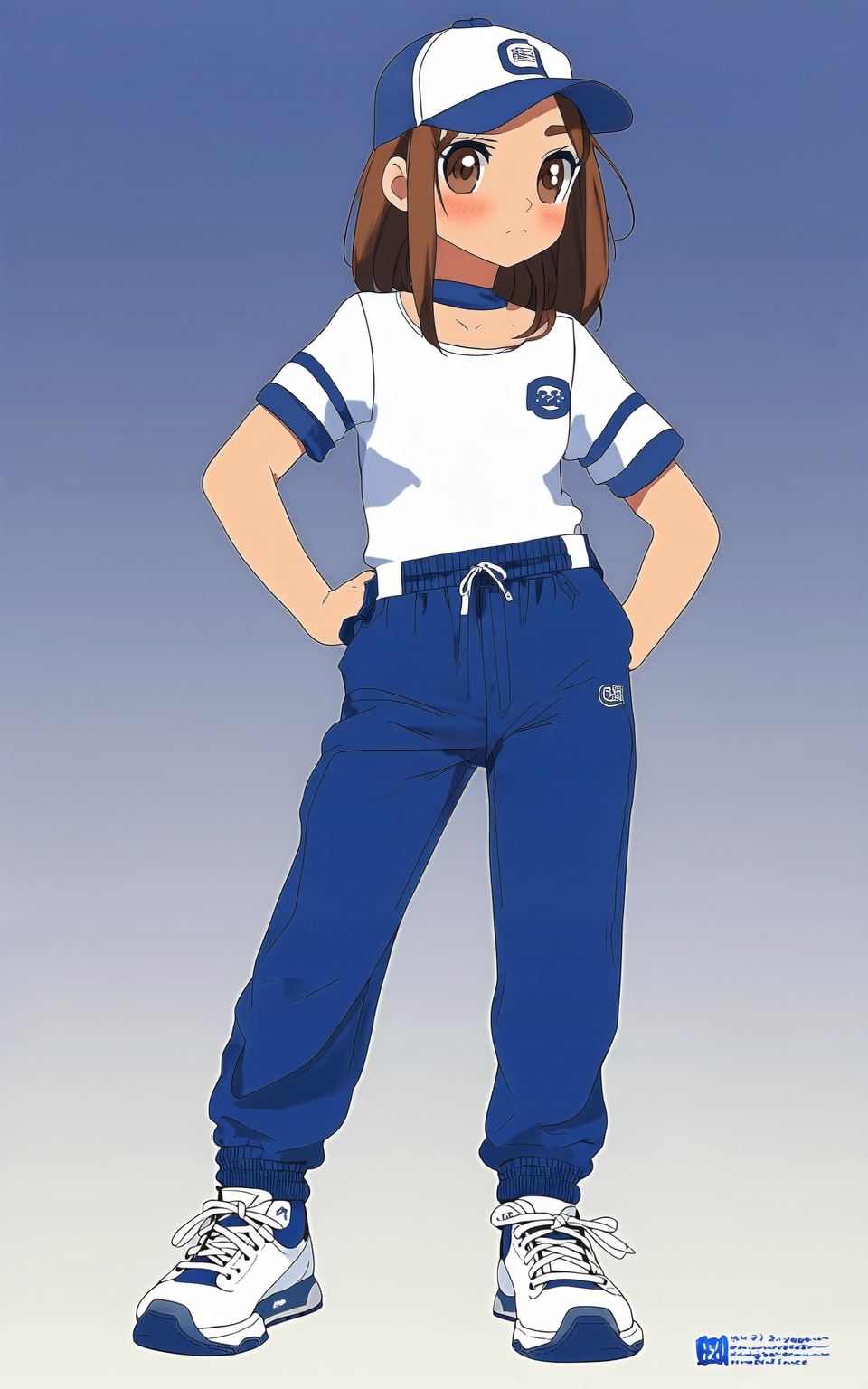 anime style,  anime style,  anime girl in blue and white outfit posing with her hands on her hips on Tensor.Art