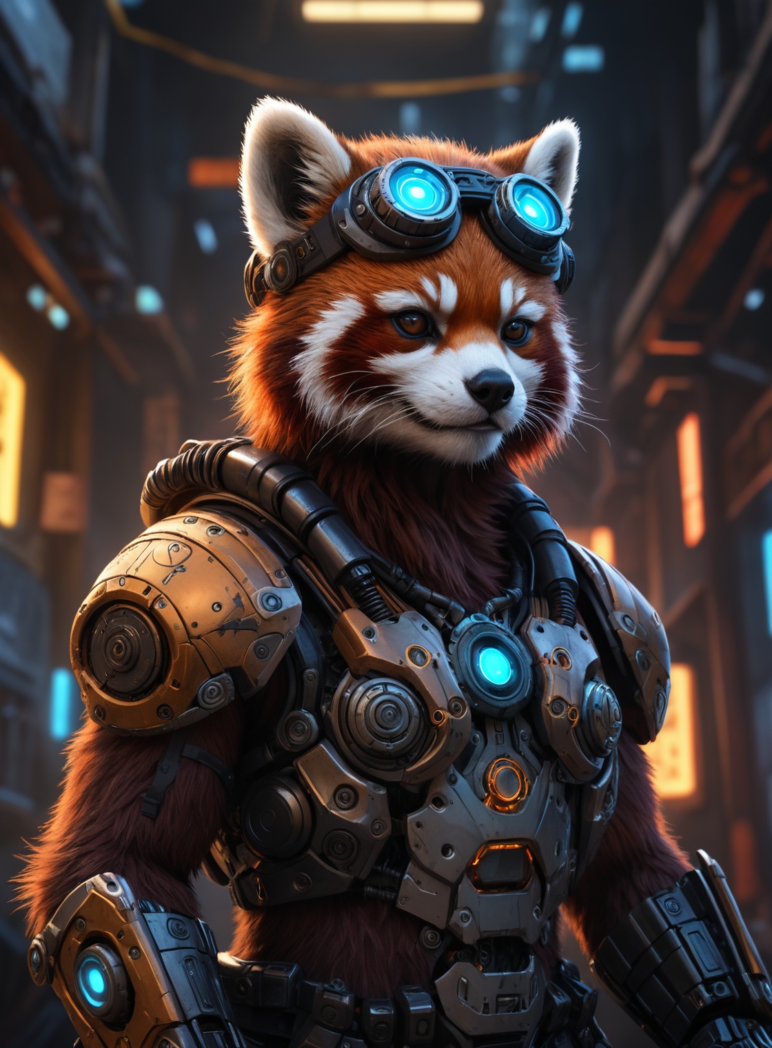 (cyberpunk viking red panda with robotic parts epic background glowing runes),  illustration,  fisheye lens on Tensor.Art
