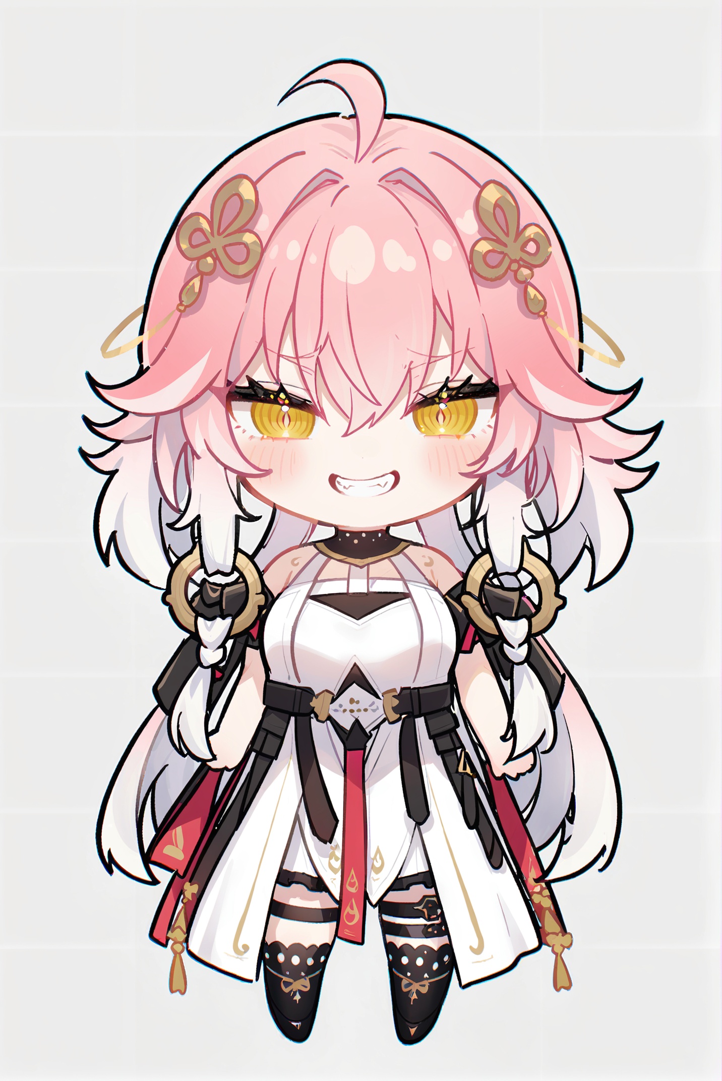 1girl,solo,hair ornament,teeth,yellow eyes,looking at viewer,white background,simple background,chibi,bangs,ahoge,pink hair,white hair,grin,bare shoulders,multicolored hair,smile,clenched teeth,hair between eyes,long hair,blush,