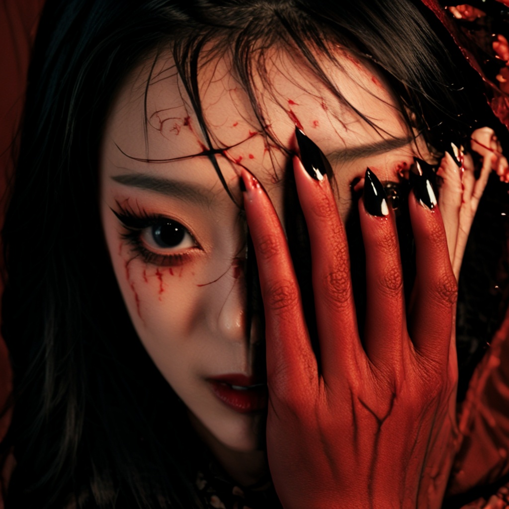 huapi,huapi girl,monster girl,huapighost,1girl,black nails,solo,looking at viewer,brown eyes,long hair,black hair,nail polish,brown hair,fingernails,blood,jewelry,portrait,bug,hands on own face,red theme,black eyes,<lora:LCM_LoRA_Weights_SD15:1>,<lora:NewHuapi:1>,