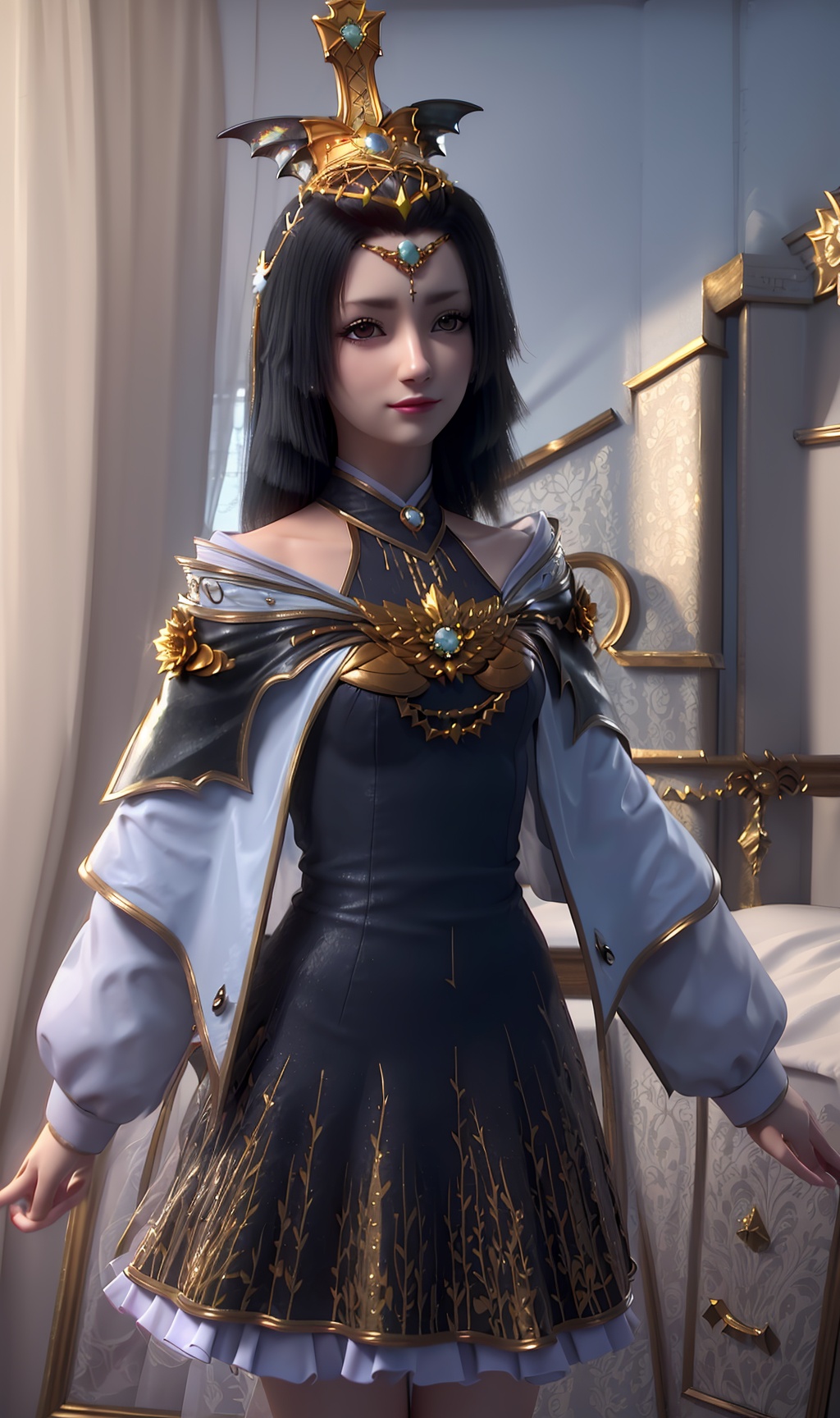 3D,masterpiece,(best quality),(makeup),official art, extremely detailed cg 8k wallpaper,((crystalstexture skin)), (extremely delicate and beautiful),(highly detailed),(face),(collar),(tiara),(crown),(headdress),(1girl), (solo), (jewelry), (earrings),(black_hair),(long_hair),(hair_ornament),(handwear),(small_breasts),((standing)),((upper_body)),(dress),(shorts_skirt),(shiny_clothes),(city,outdoor,bed),(multicolored_clothes),(multicolored_dress),,((looking_at_viewer)),((Facing the camera)),, <lora:hipoly3DModelLora_v10:0.3>