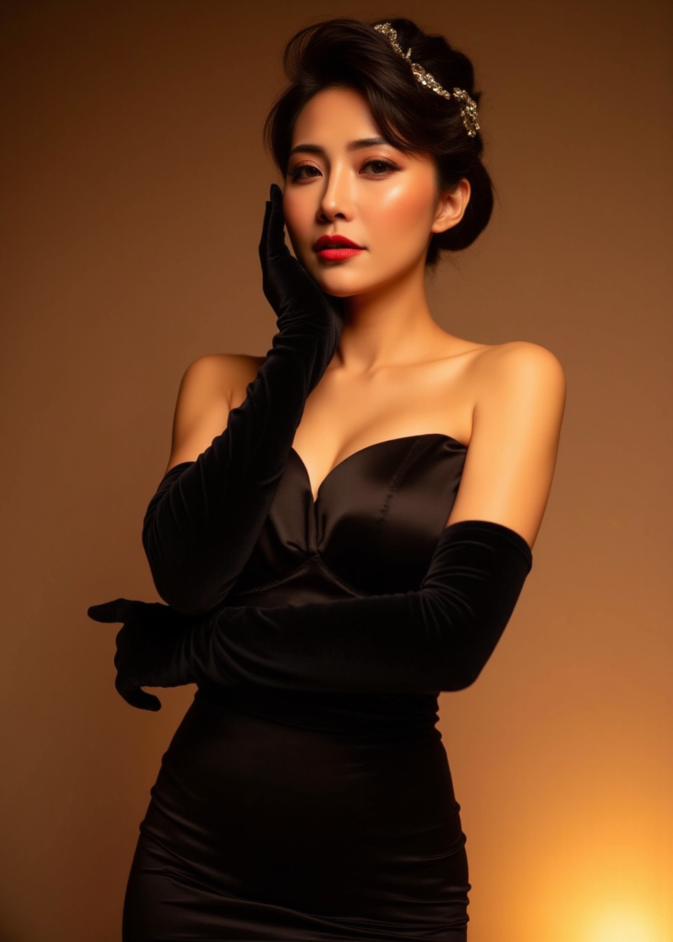 This is a photograph of an Asian woman posing in a sultry,elegant manner. She is standing against a soft,warm background that is likely a gradient of brown and beige tones. Her skin is fair and smooth,with a slight golden hue. Her dark brown hair is styled in an intricate updo,adorned with a sparkling hair accessory that adds a touch of glamour.,She is wearing a form-fitting,black dress with a deep V-neckline that exposes her shoulders and upper back. The dress is made of a luxurious,satin-like fabric that drapes elegantly over her slender frame. She is accessorized with long,black velvet gloves that extend past her elbows,adding a touch of vintage sophistication.,Her makeup is striking,with bold red lipstick and subtle eyeshadow that enhances her large,expressive eyes. She is gazing directly into the camera with a seductive expression,her lips slightly parted and her right gloved hand gently touching her cheek.,In the foreground,there is a soft,warm light source that casts a gentle glow,highlighting her features and creating a warm,intimate atmosphere. The overall mood of the photograph is elegant and sensual,with a vintage-inspired aesthetic.,