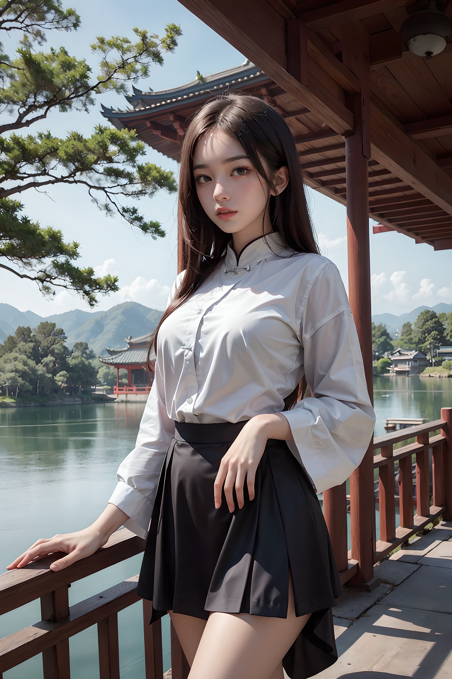 Character as the main body,HighestQuali,blurry background,detailed detail,one-girl,long whitr hair,Body shots,a skirt,dfsy,a painting of a chinese landscape with a pagoda and trees in the background and a lake in the foreground,tree,bare_tree,traditional pavilion,ink and wash,chinese architecture,architecture,outdoors,building,bridge,