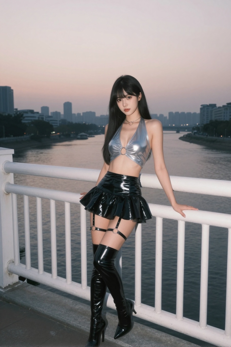 young woman,  wearing O-Ring silver metallic PVC crop top and black flared PVC skirt,  thighhighs on Tensor.Art