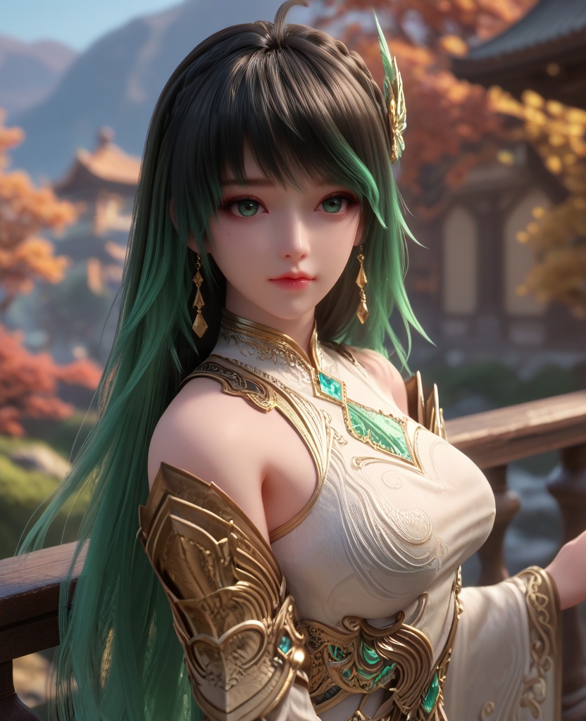 (oriental architecture, elegant decor, sophisticated style:1.1),(Leaning against a fence or railing, looking away, as if waiting for someone or something,:1.1),(breasts:1.2),<lora:XL16克金玩家林紫玥新手村:0.95>,miss linziyue,white corset top with coattails,black miniskirt,green eyes,aqua ombre hair,very long hair,hair ornament,jewelry,earrings,detached sleeves,, score_9,score_8_up,score_7_up,score_6_up,score_5_up,score_4_up,3d rendering,tag1,tag2, Cinematic Lighting,backlighting,, zPDXL3, zPDXL2,zPDXL, zPDXLxxx, zPDXLrl,