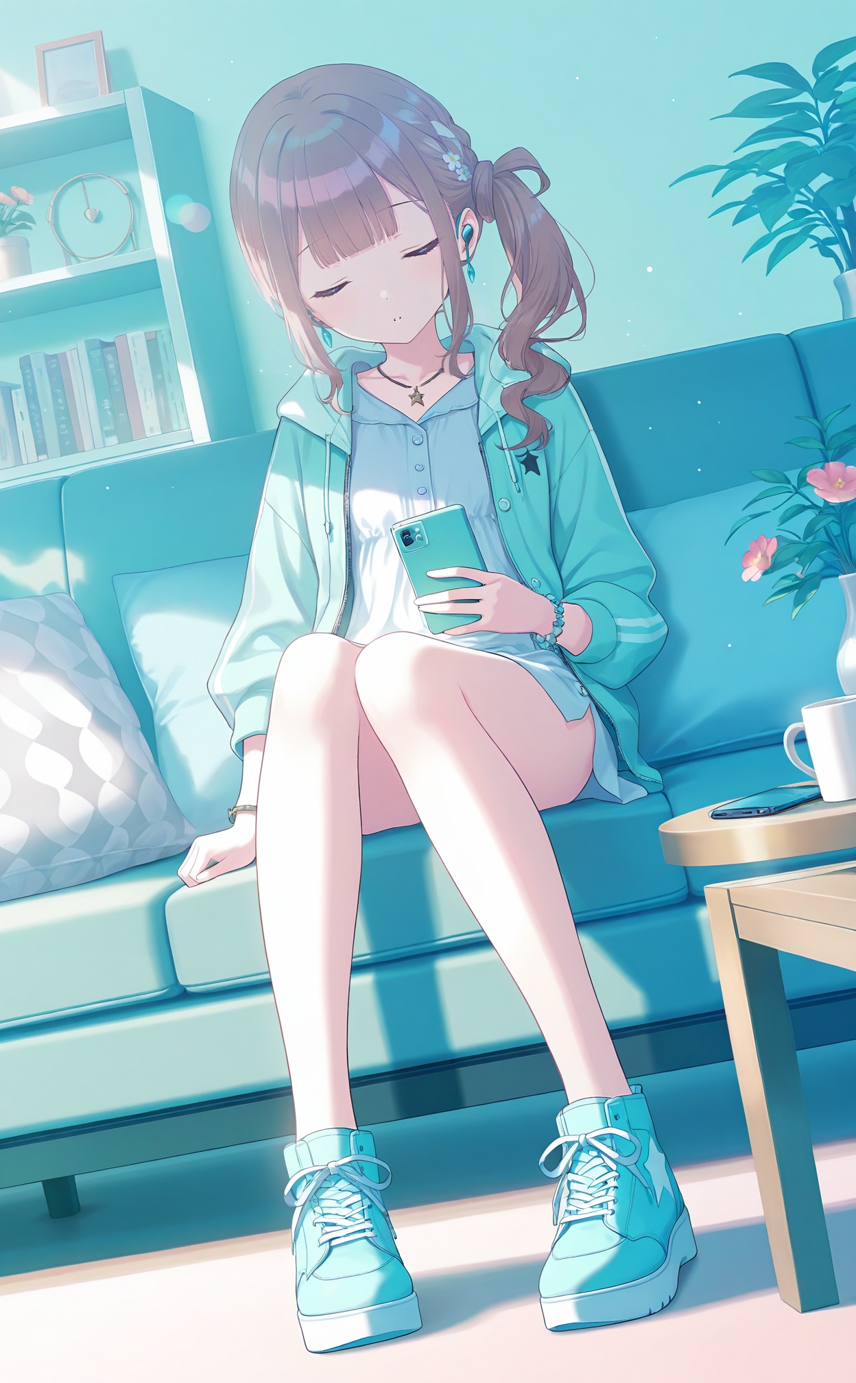 masterpiece,very aware,highres,absurdres,newest,best quality,(loli),petite,high quality,chromatic_aberration,//,1girl,blue_theme,solo,phone,aqua_theme,jewelry,cup,holding,earphones,sleeping,closed_eyes,couch,pillow,indoors,potted_plant,dot_nose,plant,bracelet,cellphone,smartphone,zipper,shelf,mug,table,knees_together_feet_apart,shoes,side_ponytail,platform_footwear,holding_phone,blunt_bangs,light_particles,hood,coffee_mug,aqua_footwear,jacket,buttons,necklace,sitting,side_drill,pastel_colors,dutch_angle,hood_down,sidelocks,knees_up,hand_on_own_stomach,earbuds,sleeping_upright,front_slit,open_clothes,aqua_jacket,parted_lips,cushion,earrings,muted_color,facing_viewer,long_hair,pants,flower_pot,hoodie,cabinet,vase,brown_hair,floor,lamp,shoelaces,grey_hair,open_jacket,long_sleeves,flower,sneakers,phonograph,book,star_\(symbol\),bookshelf,stuffed_toy,light_blue_background,side_slit,sleeveless,pale_color,full_body,on_couch,breasts,dress,listening_to_music,blue_footwear,drawer,//,artist:luvluvvox,artist:fukai ryosuke,[artist:Torino aqua],artist:minato hitori,hiten_(hitenkei),artist:rurudo,artist:lazuri7,artist:yunikon,//,absurdres,newest,very aesthetic,amazing quality,highres,sensitive,ultra detailed,best anatomy,HDR,8K,high detail RAW color art,high contrast,illustration,depth of field,(colorful),phenomenal aesthetic,detailed light,blurred picture,Tyndall effect,contrast,lens flare,cinematic lighting,//,<lora:PVC5——【noob】hans:0.3>,<lora:konya_karasue——【noob】hans:0.5>,<lora:pjsk-noob-hans:0.65>,