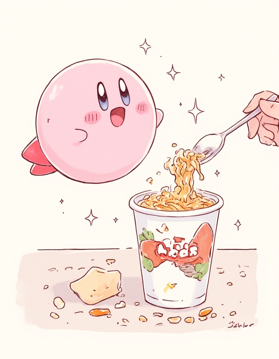 neomj,illustration,A pink Kirby character with sparkling stars around it is excitedly hovering near a cup of instant noodles. A fork pulls out some noodles from the cup. The light appears soft and diffuse.<lora:neomj故事感线条水彩风10:1>,