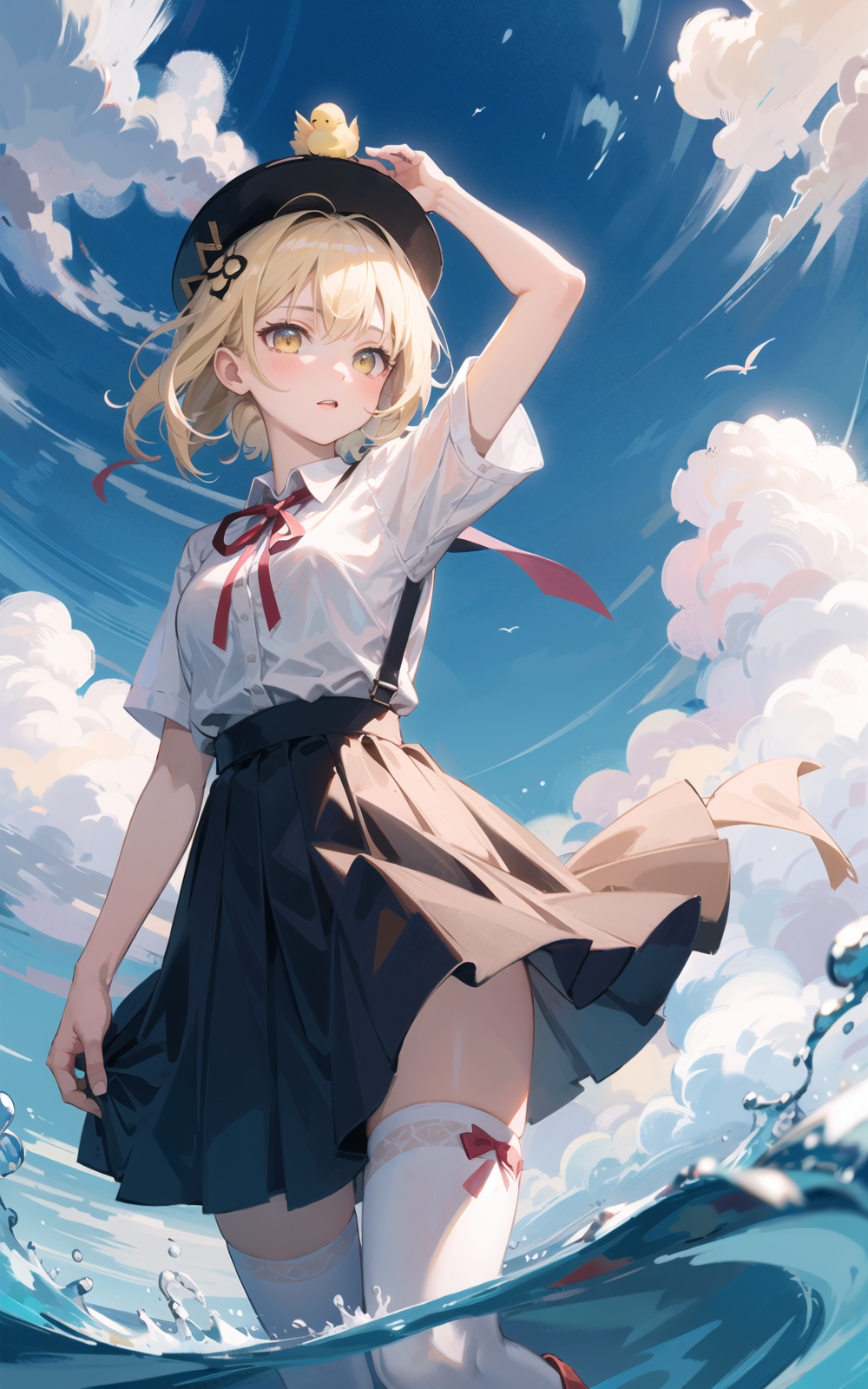 bird, 1girl, animal, blonde_hair, skirt, ribbon, yellow_eyes, solo, hat, sky, shirt, white_shirt, animal_on_head, day, red_ribbon, water, white_legwear, blue_sky