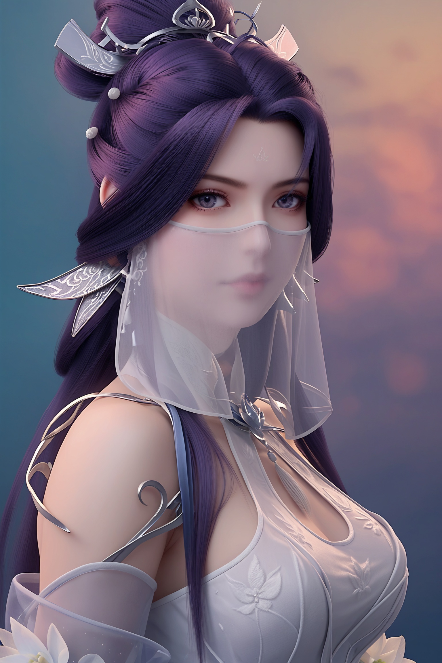 realistic style photo outstanding style,tall,cute,in her teens. Use soft lighting to cast gentle shadows on the subject,adding a touch of dimension to your images without compromising details,score_9,score_8_up,score_7_up,looking at viewer,upper body,<lora:武动乾坤-绫清竹Pony:0.65>,long,dark purple hair styled in an elegant updo adorned with delicate white flowers. wearing a flowing white dress with intricate,delicate floral patterns and a high collar.,wears a flowing,sheer white veil,