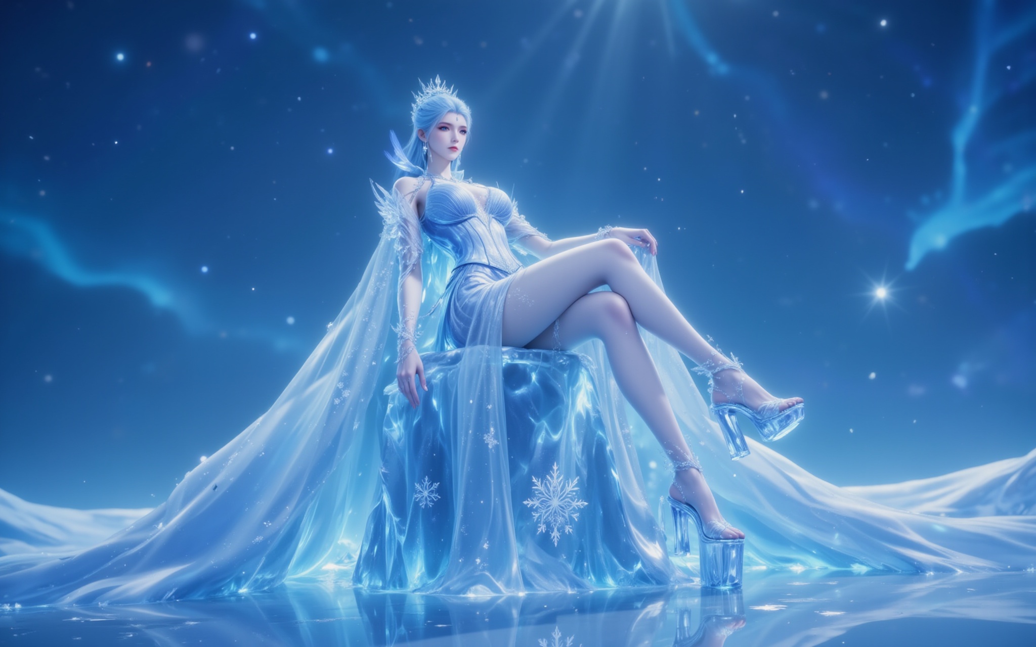 <lora:雪帝8:1.1>,xuedi,Enthroned upon a monolith of ancient glacial ice,the Snow Empress's ombré blue-white tresses cascade like frozen waterfalls,each strand adorned with delicate ice fractals. Her semi-transparent gown woven from arctic spider silk shimmers with aurora borealis hues,the hand-embroidered snowflakes at the hem glowing cerulean as she crosses her legs. The sapphire-platform heels tap the ice,sending hexagonal frost patterns radiating outward.,Leaning forward into the backlight,her silhouette sculpts mesmerizing curves,the glacial pendant at her décolletage dancing with her hoarfrost earrings. In a breathtaking 8K close-up,the falling snowflakes are seen evaporating 0.5cm from her skin - this singular warmth in the permafrost becomes the most extravagant spectacle of the North Pole.,<lora:DJ滤镜_2.5D版:0.2>,lvjing,<lora:绚丽多彩·优化9:0.3>,lvjing,