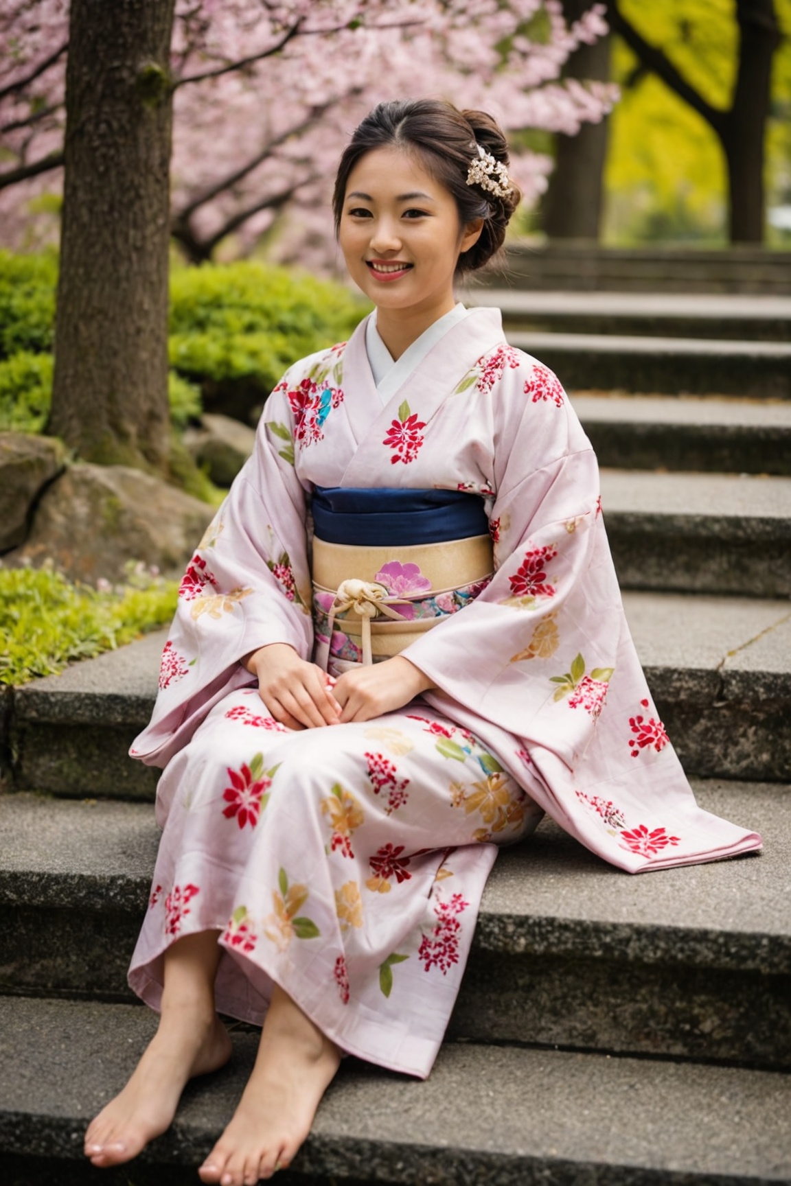 a joung Japanese gaisha sitting on stairs in a park,  around her are cheery blossoms and flowers,  wearing kimono on Tenso...