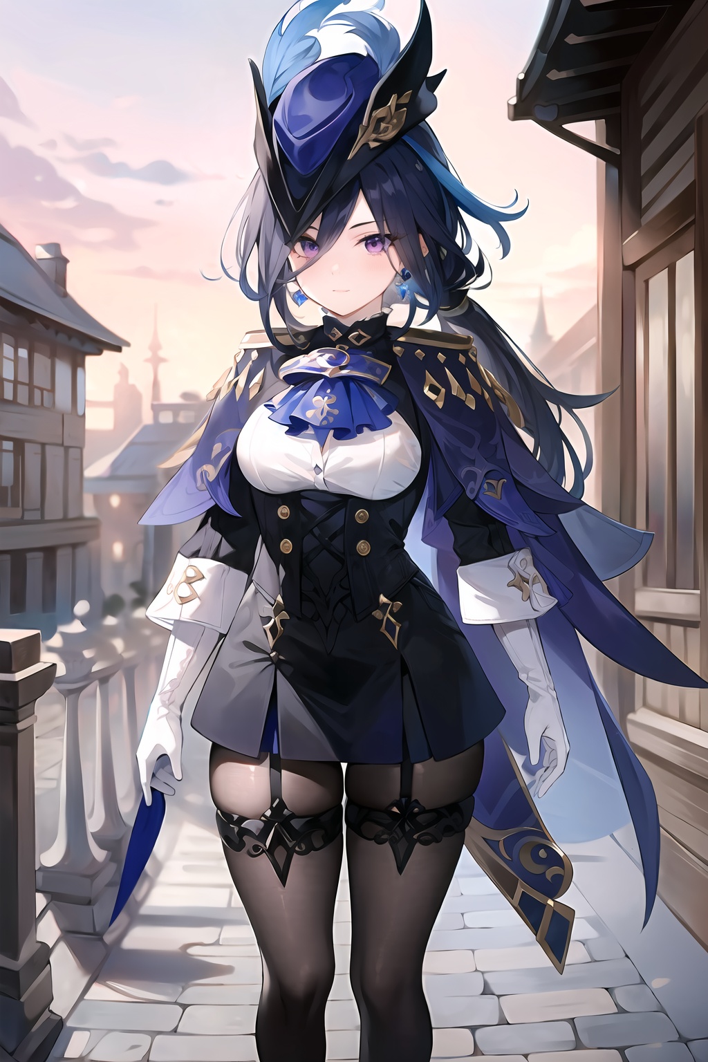 (masterpiece, best quality:1.2),insanely detailed,absurdres,ultra-highres,ultra-detailed,best quality,slender,kawaii,perfect symmetrical face,ultra cute girl,ultra cute face,ultra detailed eyes,ultra cute,ultra beautifu,clorinde \(genshin impact\),1girl,solo,purple eyes,hat feather,tricorne,white gloves,low ponytail,blue cape,blue hair,epaulettes,black pantyhose,ascot,breasts,black skirt,corset,blue headwear,boots,leg garter,black corset,shirt,earrings,<lora:clorinde-000001:1>,outdoors,standing,