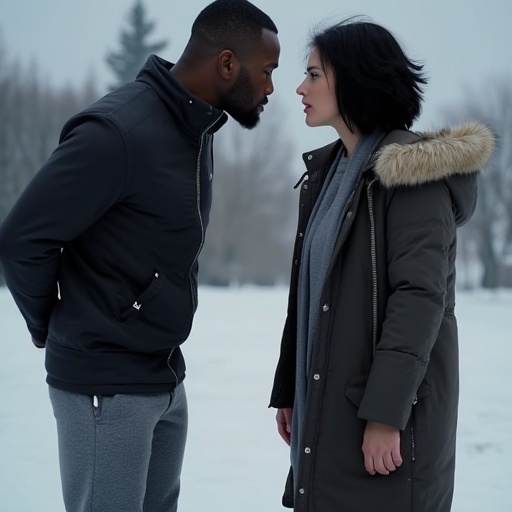 The woman looks up expressionless as the lower half of a black man dressed in grey tech pants and white Nike running shoes...