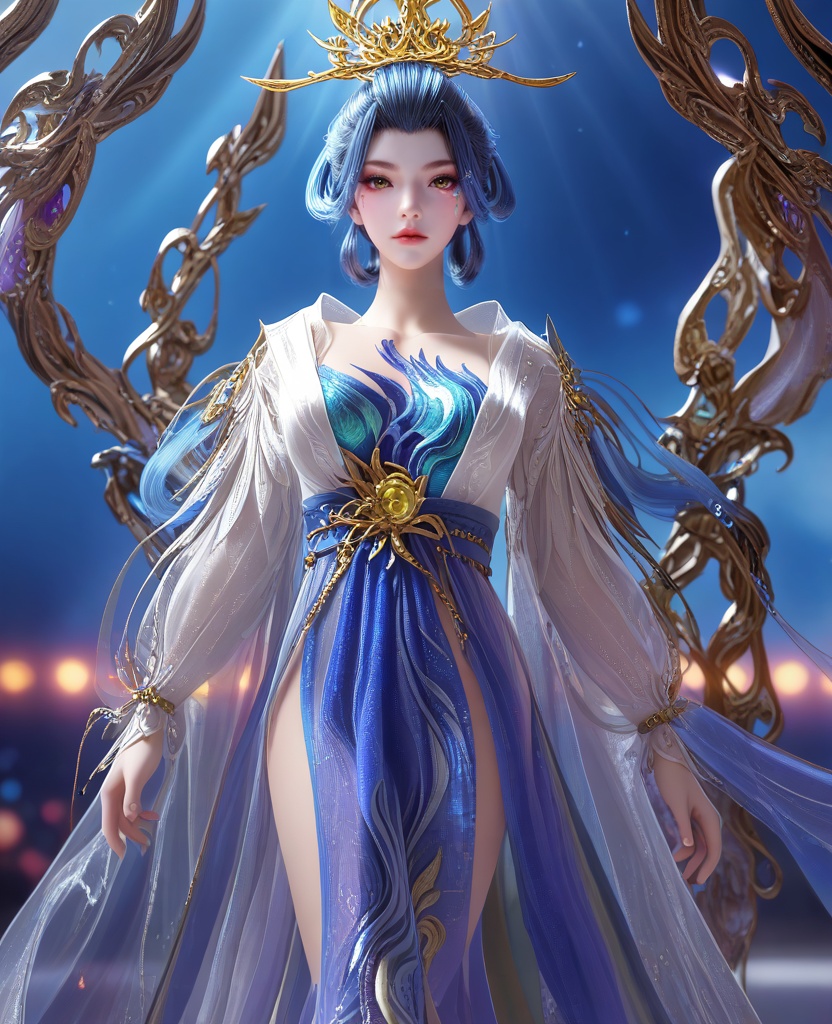 (walking,catwalk,the runway,fashion show:1.1),(large breasts:1.2),<lora:XL16云深不知梦烛照神女:0.95>,miss zhuzhao,white hanfu coat over blue base dress,hagoromo,yellow eyes,eyelashes,facial mark,blue hair,looped bun with tresses,hair ornament,jewelry,elbow gloves,, score_9,score_8_up,score_7_up,score_6_up,score_5_up,score_4_up,3d rendering,tag1,tag2, Cinematic Lighting,backlighting,
